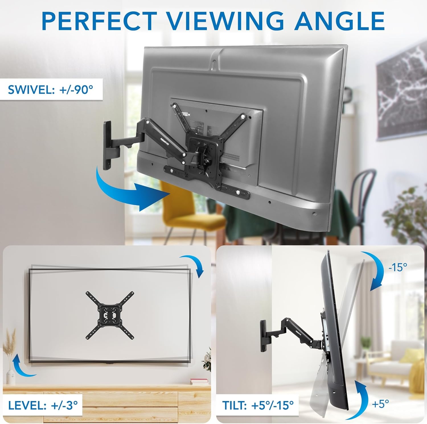 image:imageMountIt Height Adjustable TV Wall Mount Full Motion Pull Down and Vertical Adjustment Fits 2355 Inch Screens Max VESA 400x400mm Swivel and Tilt Capabilities 506 Lbs Capacity