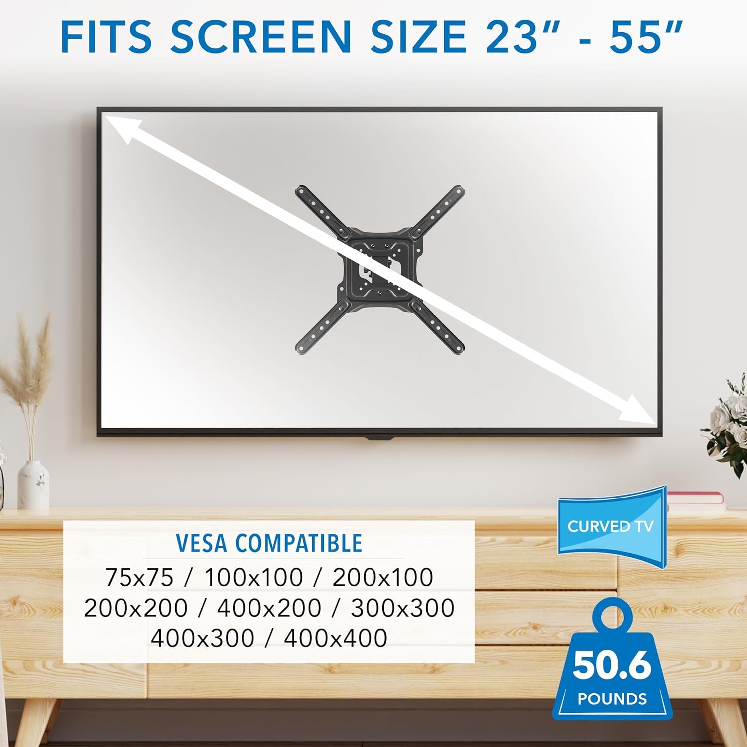 image:imageMountIt Height Adjustable TV Wall Mount Full Motion Pull Down and Vertical Adjustment Fits 2355 Inch Screens Max VESA 400x400mm Swivel and Tilt Capabilities 506 Lbs Capacity