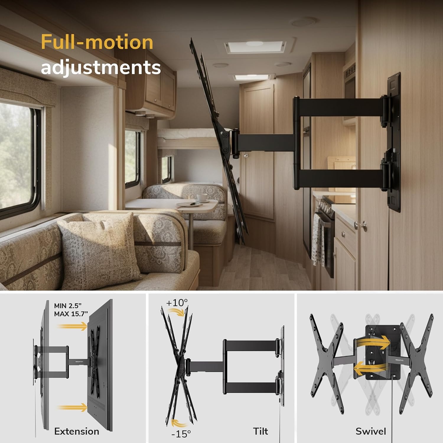 image:imageMountIt Lockable RV TV Mount 2343 Inch Full Motion RV TV Wall Mount for Camper amp Travel Trailer Quick Release Locking Arm RV TV Bracket VESA 75x75200x200 77 lb400x400
