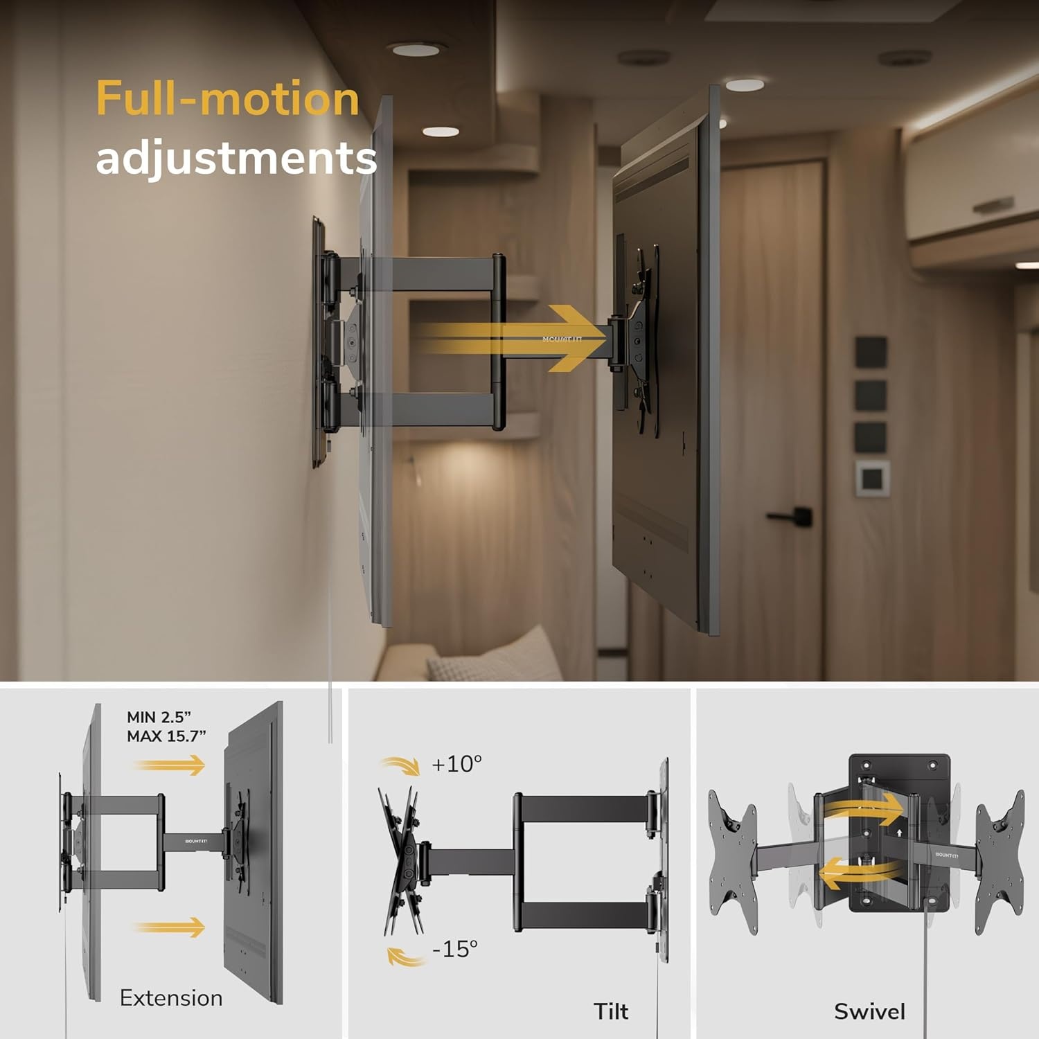 image:imageMountIt Lockable RV TV Mount 2343 Inch Full Motion RV TV Wall Mount for Camper amp Travel Trailer Quick Release Locking Arm RV TV Bracket VESA 75x75200x200 77 lb200x200