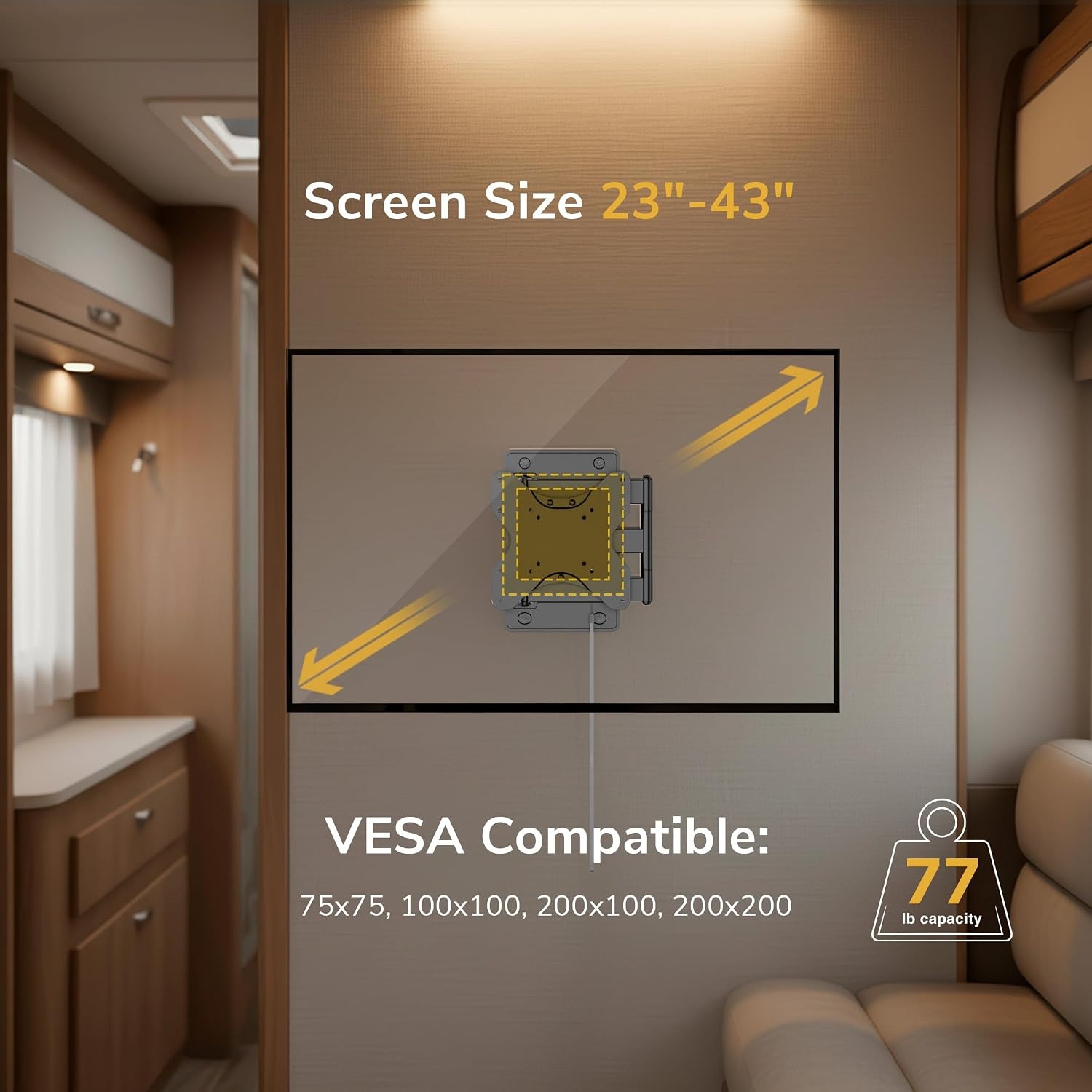 image:imageMountIt Lockable RV TV Mount 2343 Inch Full Motion RV TV Wall Mount for Camper amp Travel Trailer Quick Release Locking Arm RV TV Bracket VESA 75x75200x200 77 lb200x200