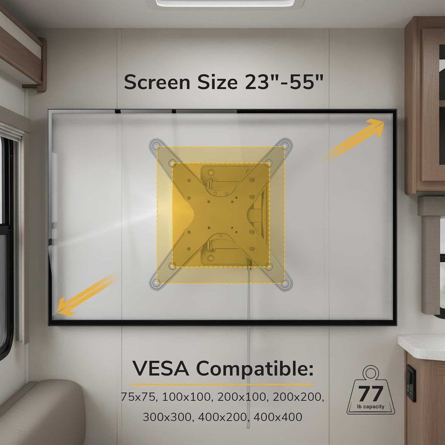 image:imageMountIt Lockable RV TV Mount 2343 Inch Full Motion RV TV Wall Mount for Camper amp Travel Trailer Quick Release Locking Arm RV TV Bracket VESA 75x75200x200 77 lb400x400