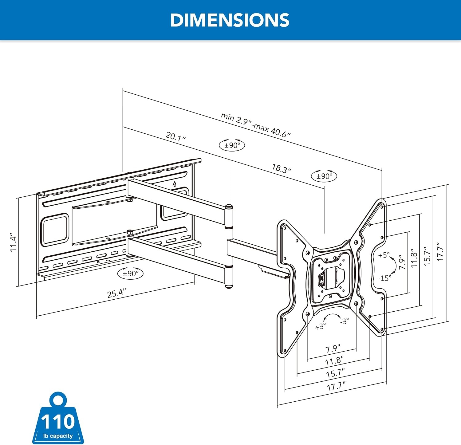 image:imageMountIt Long Arm TV Wall Mount with 40Inch Extension PreAssembled FullMotion Corner Bracket for 3270 TVs up to 110 lbs DualStud Wide Wall Plate 90 Swivel amp Tilt VESA 400x400