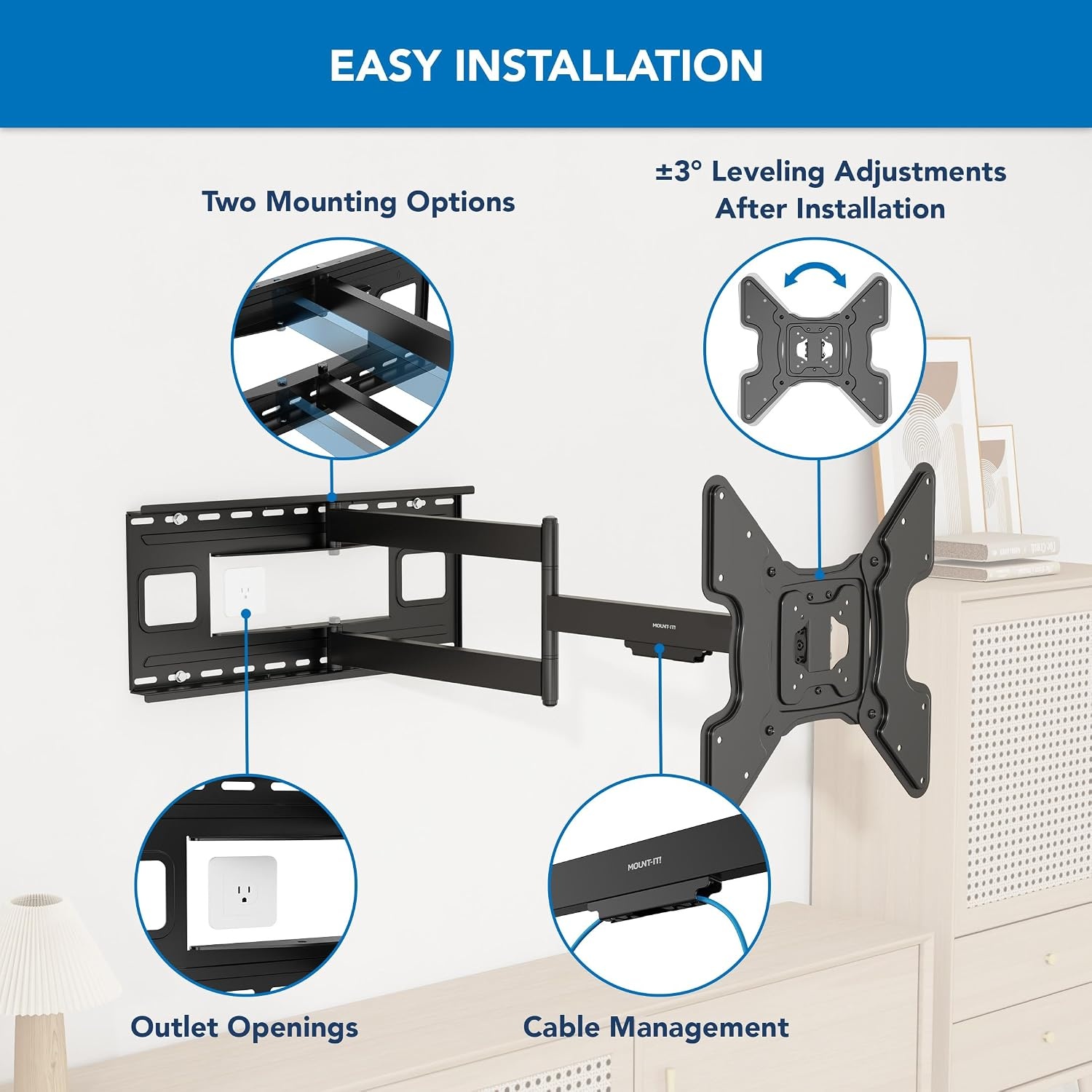 image:imageMountIt Long Arm TV Wall Mount with 40Inch Extension PreAssembled FullMotion Corner Bracket for 3270 TVs up to 110 lbs DualStud Wide Wall Plate 90 Swivel amp Tilt VESA 400x400