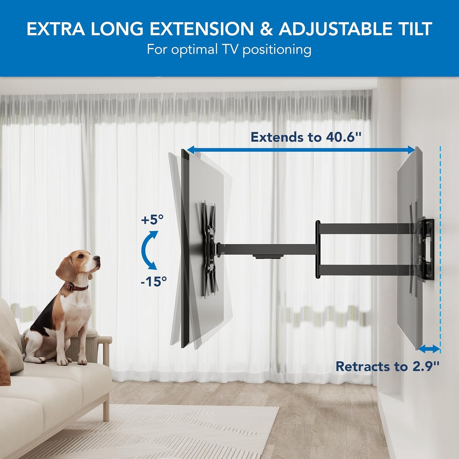 image:imageMountIt Long Arm TV Wall Mount with 40Inch Extension PreAssembled FullMotion Corner Bracket for 3270 TVs up to 110 lbs DualStud Wide Wall Plate 90 Swivel amp Tilt VESA 400x400