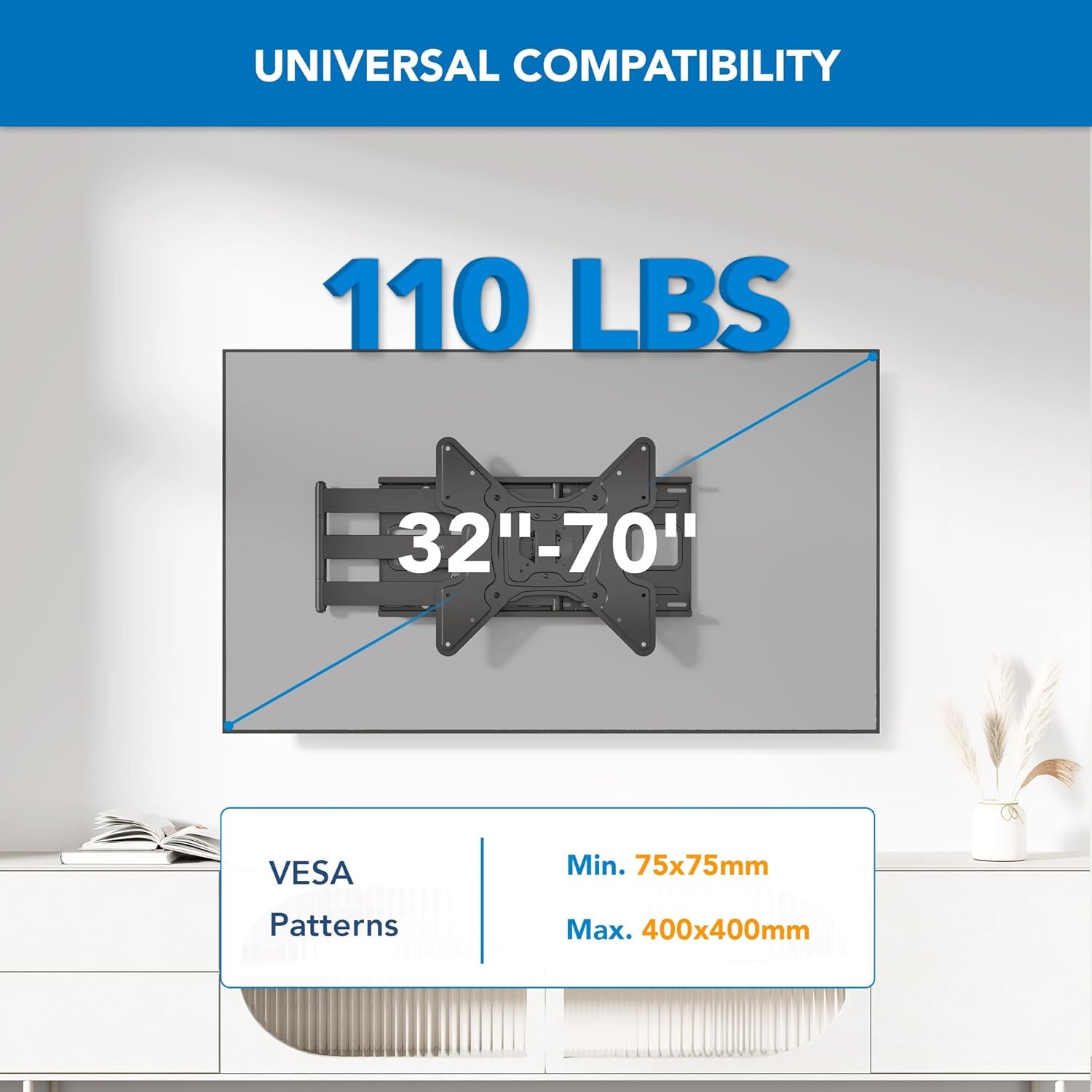 image:imageMountIt Long Arm TV Wall Mount with 40Inch Extension PreAssembled FullMotion Corner Bracket for 3270 TVs up to 110 lbs DualStud Wide Wall Plate 90 Swivel amp Tilt VESA 400x400