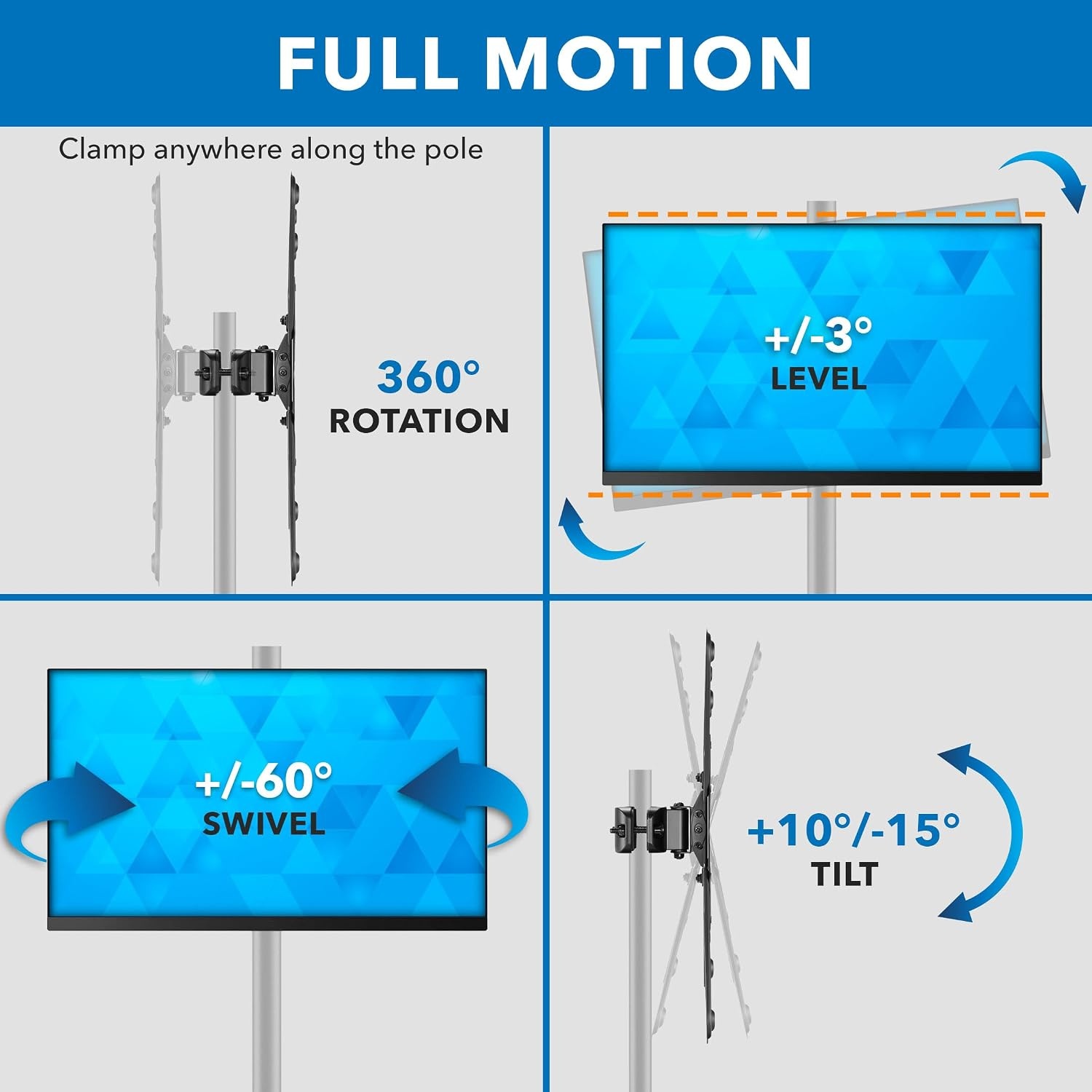 image:imageMountIt TV Pole Mount Fits 32 to 55 Screens Universal VESA 75x75 to 400x400 FullMotion Tilt Swivel amp Rotate Clamps to 11 196 Diameter Poles Ideal for Gazebos Trade Shows amp POS32 55