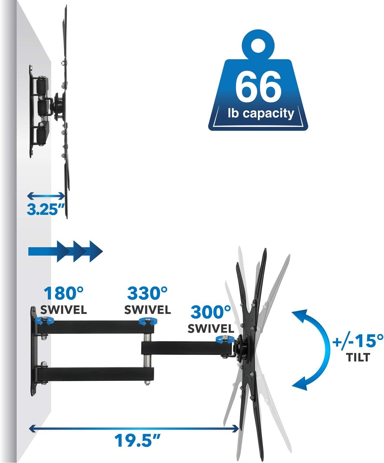 image:imageMountIt TV Wall Mount Full Motion LCD LED 4K TV Swivel Bracket for 2355 inch Screen Size Compatible with VESA 400x400 66 lbs Capacity MI2065L Black