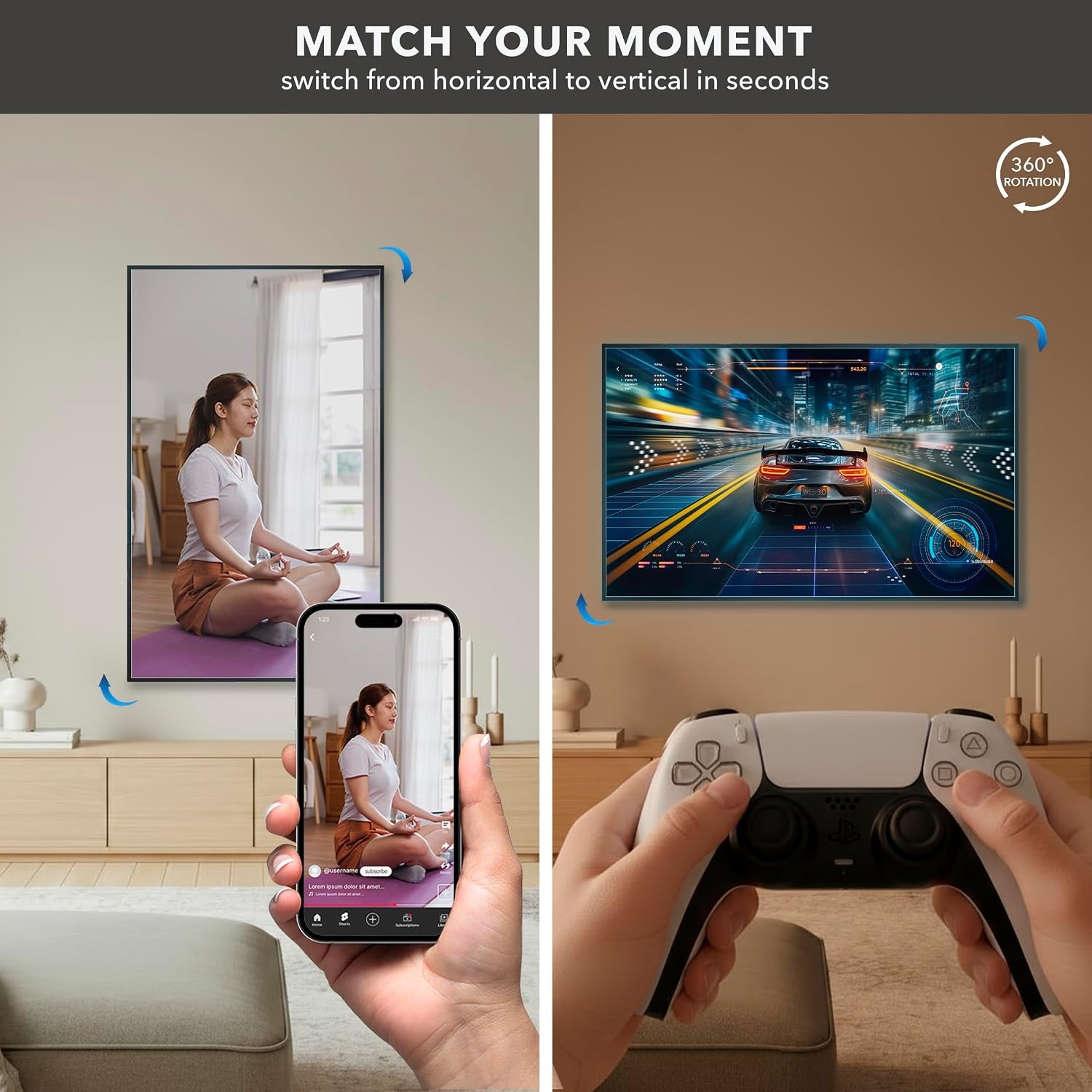 image:imageMountIt TV Wall Mount Landscape to Portrait Rotation Fixed Mounting Bracket LowProfile for Samsung Sony Toshiba Sharp LG Element Westinghouse TCL 32 to 60 Inch Some 70 TVs 110 lbs