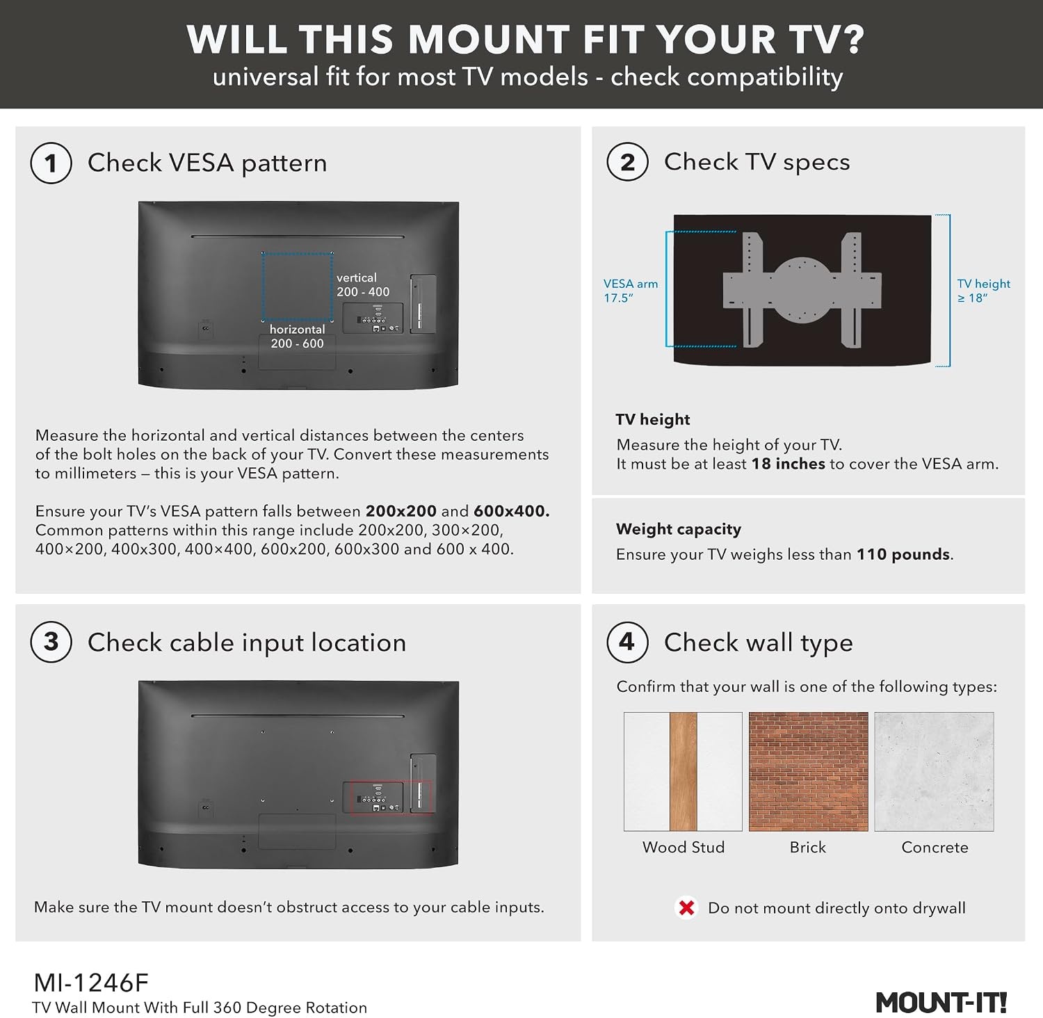 image:imageMountIt TV Wall Mount Landscape to Portrait Rotation Fixed Mounting Bracket LowProfile for Samsung Sony Toshiba Sharp LG Element Westinghouse TCL 32 to 60 Inch Some 70 TVs 110 lbs