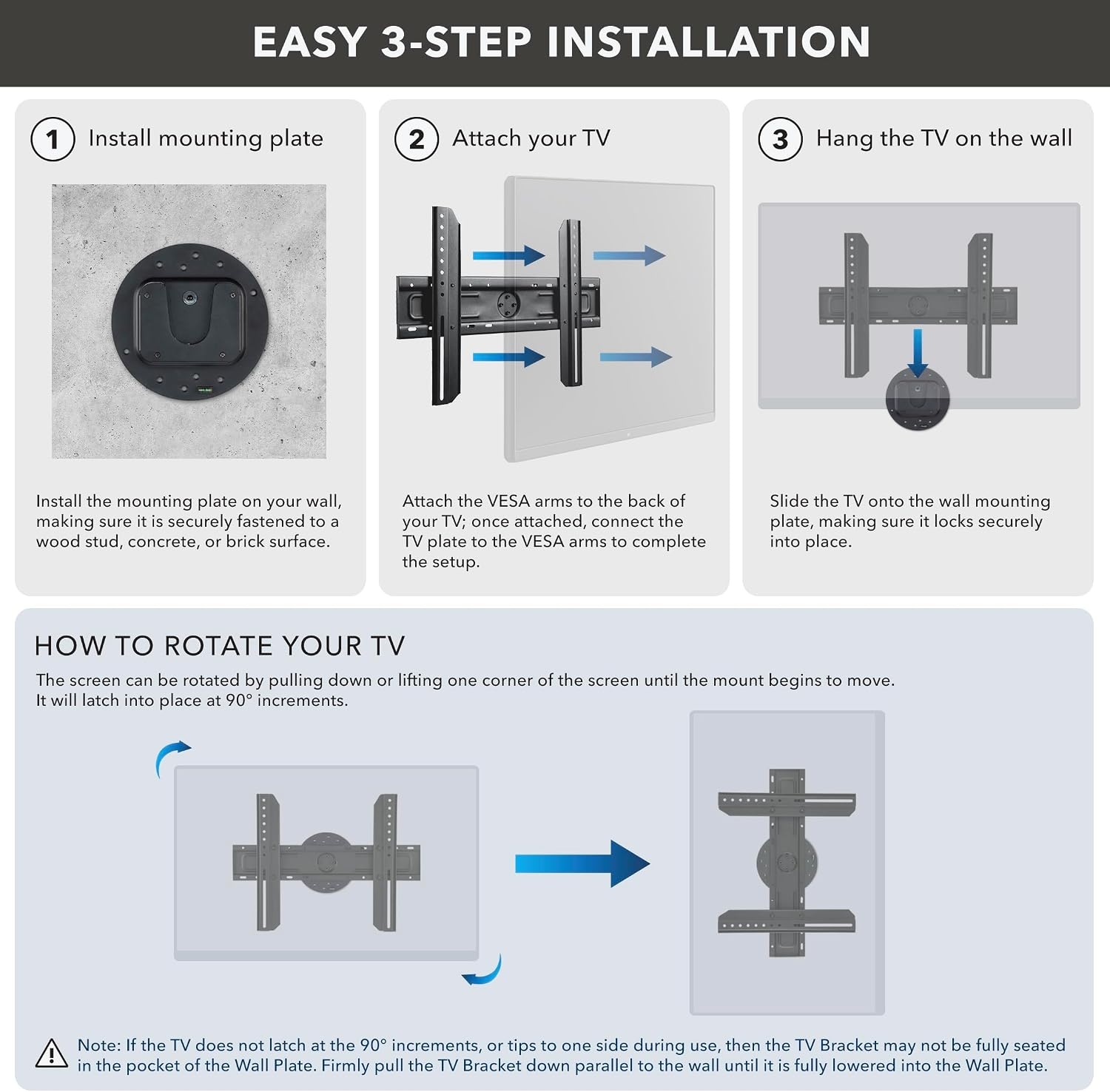 image:imageMountIt TV Wall Mount Landscape to Portrait Rotation Fixed Mounting Bracket LowProfile for Samsung Sony Toshiba Sharp LG Element Westinghouse TCL 32 to 60 Inch Some 70 TVs 110 lbs