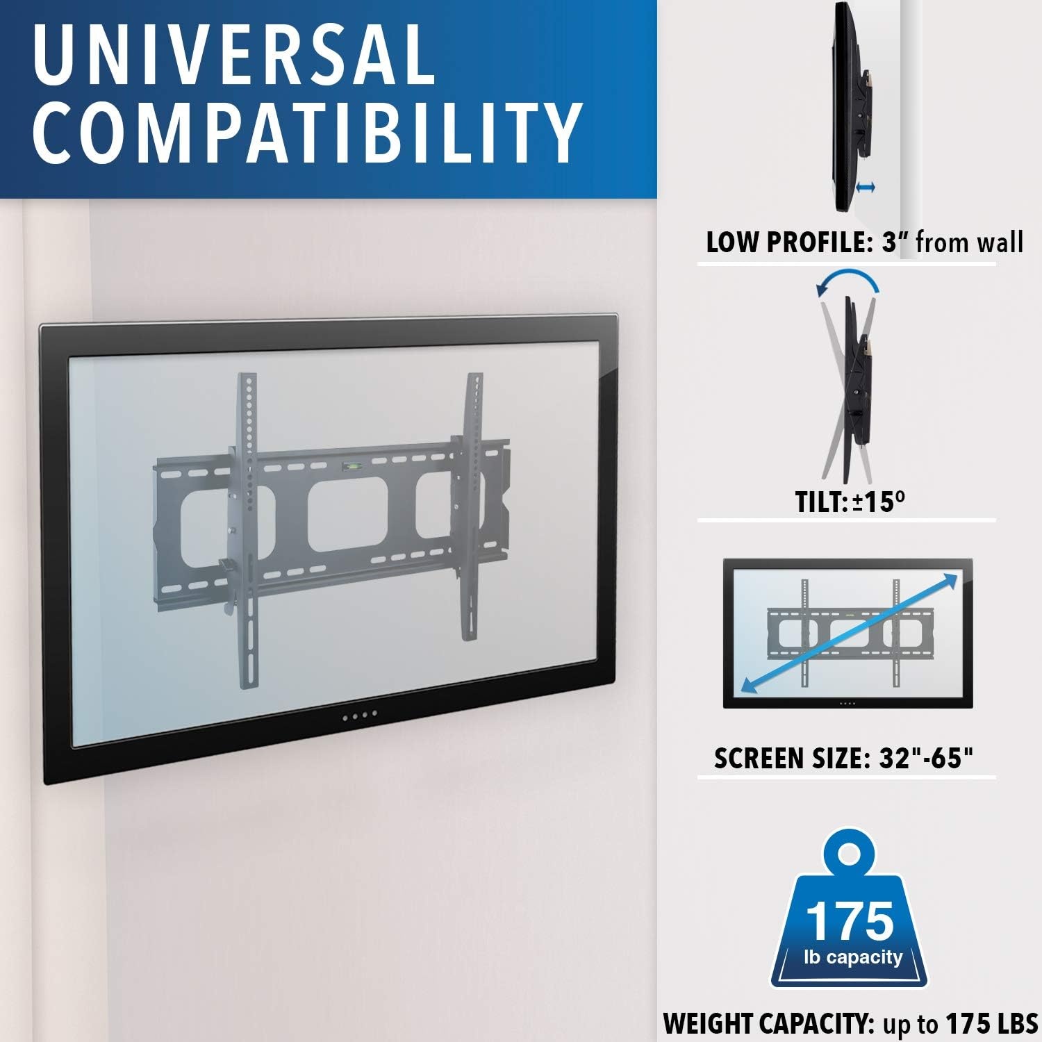 image:imageMountIt Tilting TV Wall Mount Bracket for 3265 inch LCD LED Plasma Flat Screen TV Universal Heavy Duty Television Mount with 175 lbs Load Capacity 15 Degree Tilt Max VESA 600x400