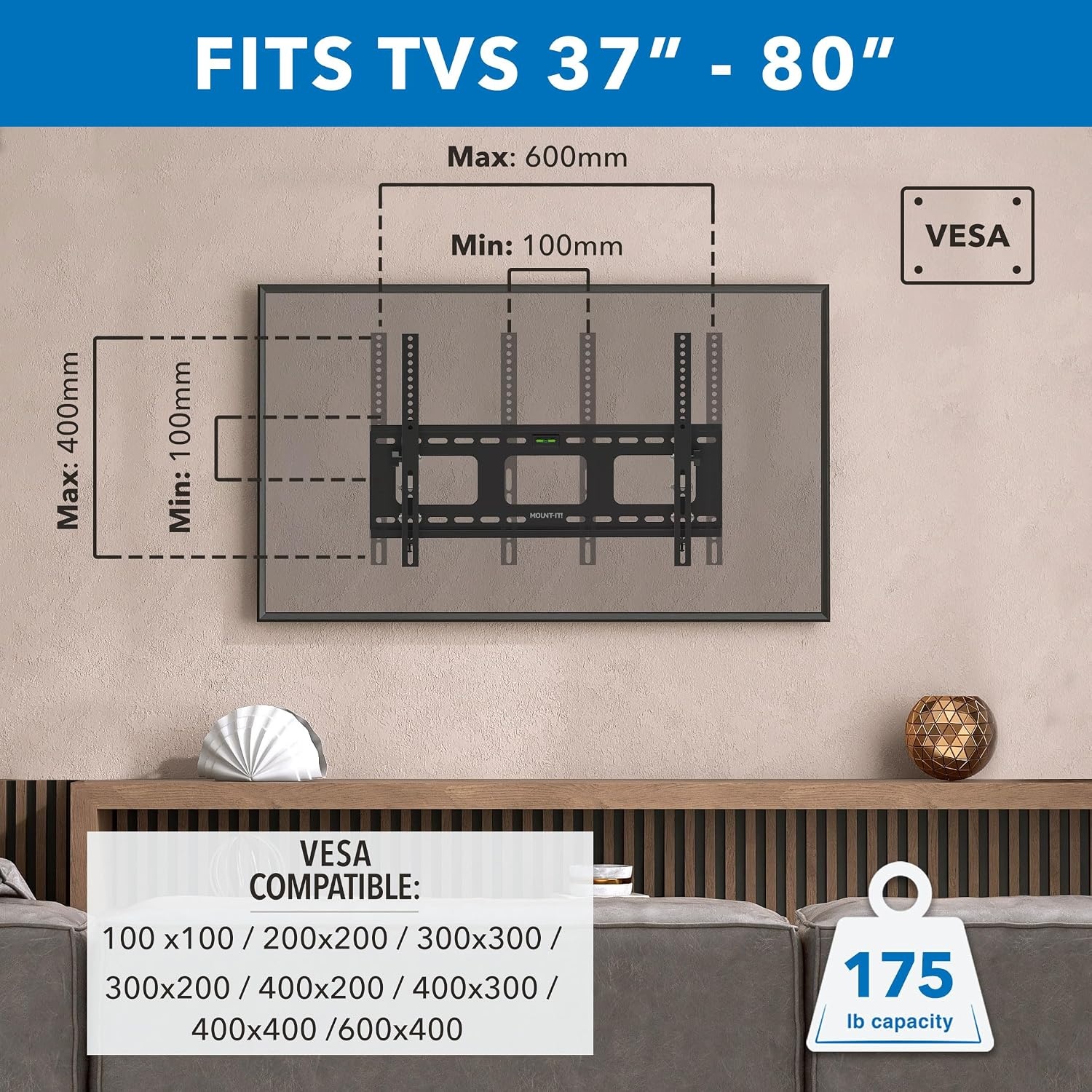 image:imageMountIt Tilting TV Wall Mount for 3780 Inch Flat Screen TVs Low Profile Bracket Supports 175 lbs Universal VESA 600x400 mm Adjustable Tilt to Reduce Glare Fits 1624 Studs
