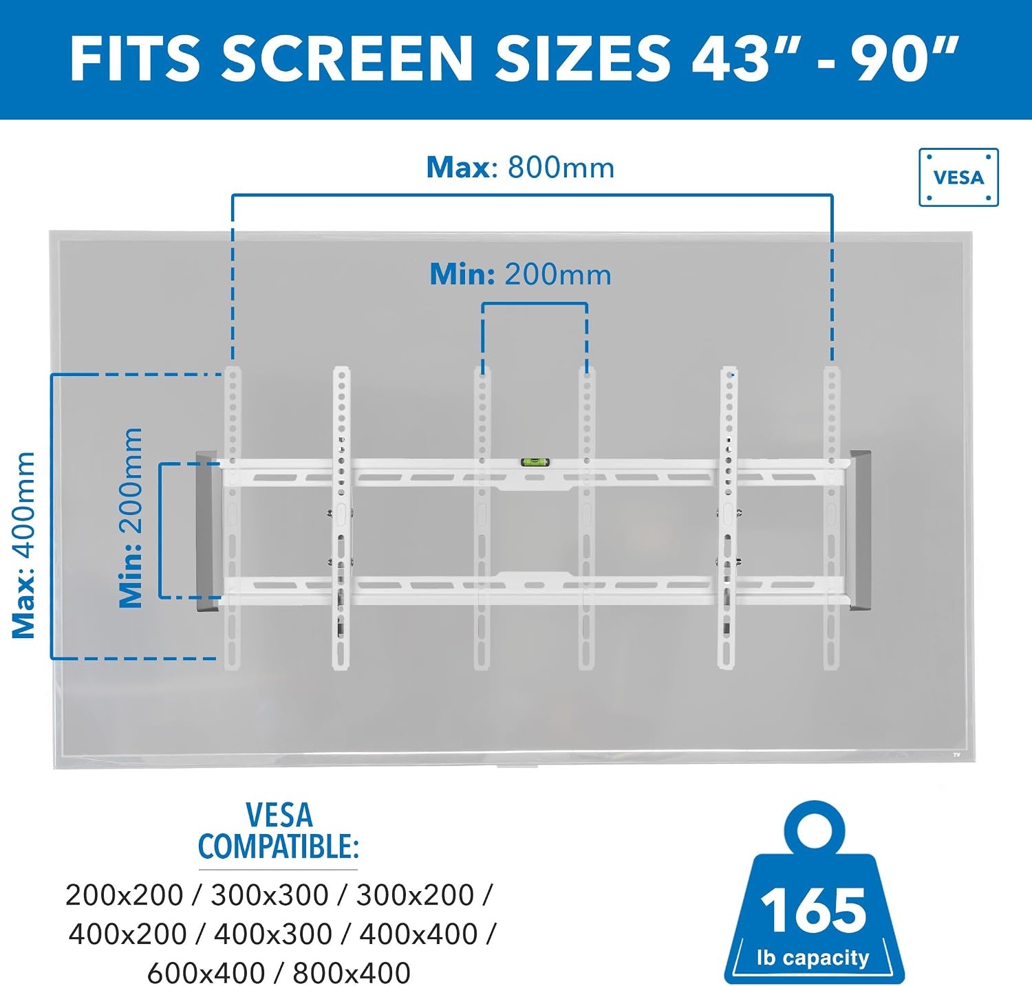 image:imageMountIt Tilting TV Wall Mount for 4390 TVs Ultra Slim HeavyDuty TV Mount with Low Profile 19 VESA 200x200 to 800x400 Supports up to 165 lbs White