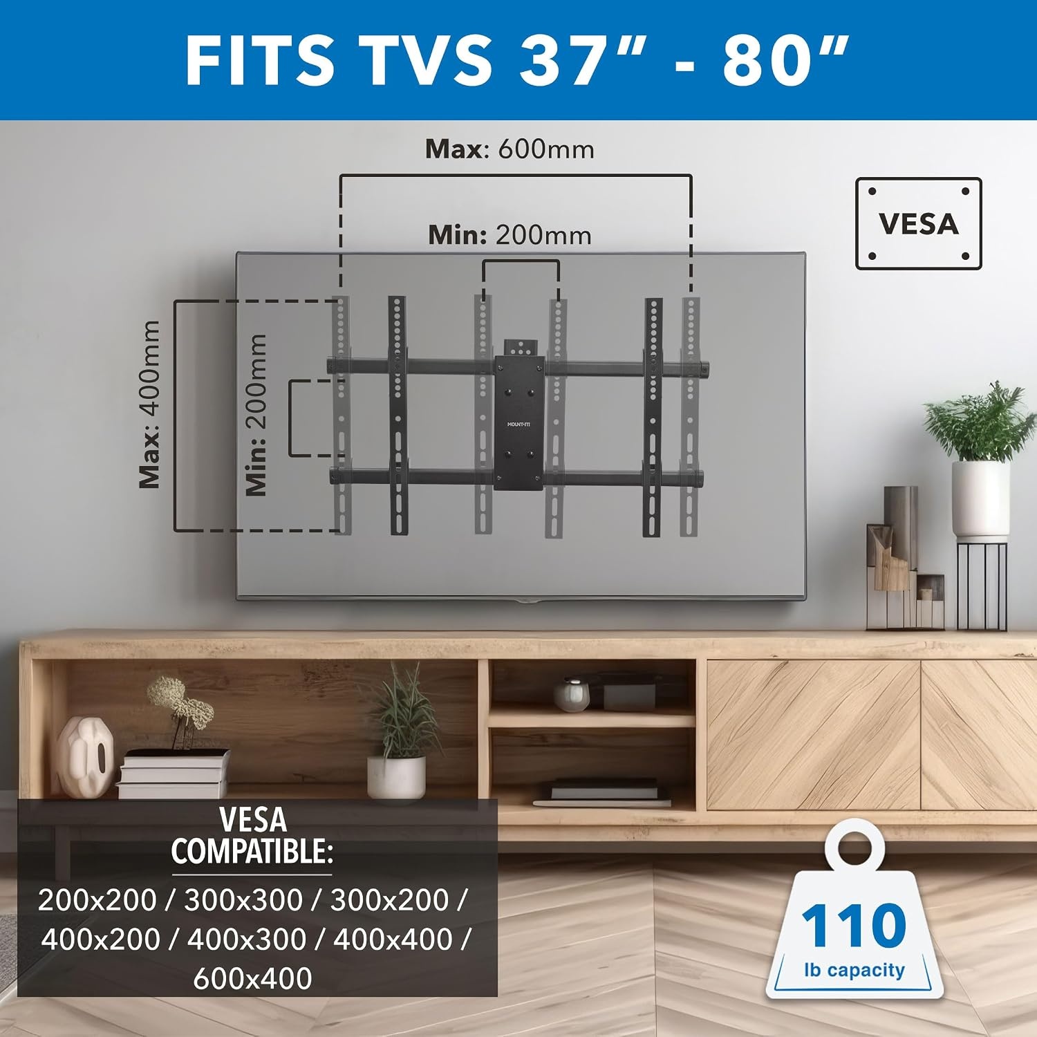 image:imageMountIt UL Certified Heavy Duty Full Motion TV Wall Mount for Most 3780 Inch Flat Screen TVs Wall Mount Bracket Max VESA 600x400 Holds up to 110lb Full Motion TV Mount 55 inch 65 inch 80 inch
