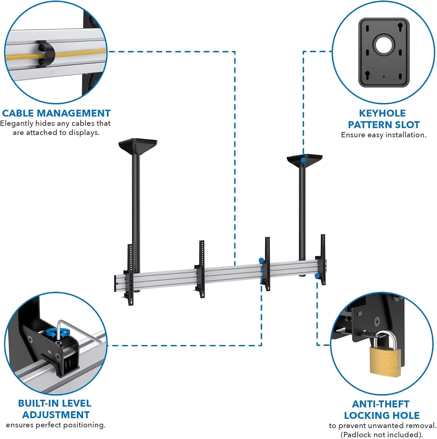 image:imageMOUNTIT Digital Signage Dual Screen Ceiling Mount Fits 45 55 Display Screen with Cable Management and AntiTheft Locking Hole Suitable for Commercial Application 622 Height425 Height