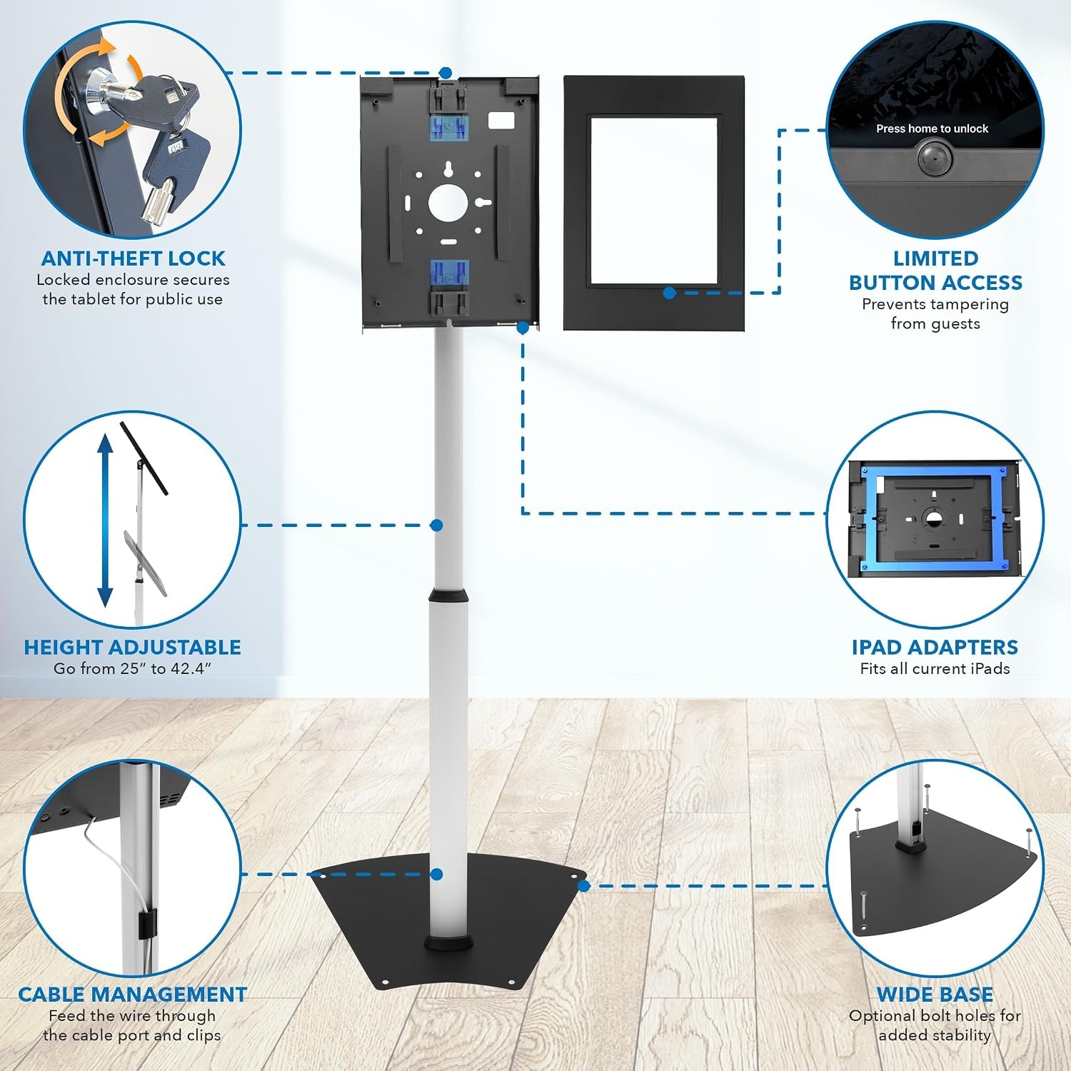 image:imageMountIt AntiTheft iPad Floor Stand Kiosk Height Adjustable 25425 Locking Enclosure with 90 Tilt 75x75 VESA Freestanding or BoltDown Steel Stand for Retail amp BusinessIpad Gen 11