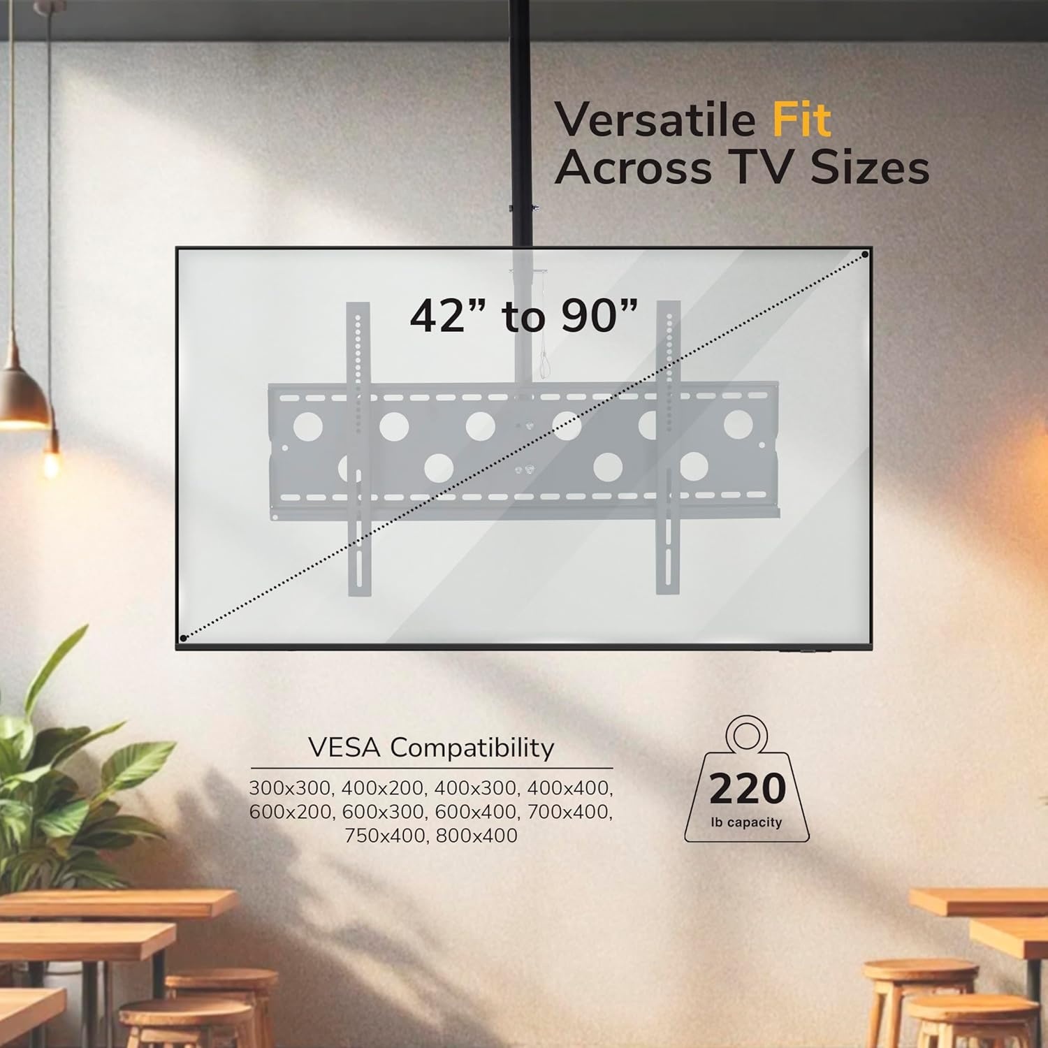 image:imageMountIt Ceiling TV Mount for 4290 Inch TVs Full Motion Swivel Tilt amp Height Adjustable TV Bracket 220 lb Capacity VESA 800x400 Sloped Ceilings Corners Home amp Commercial UseLarge