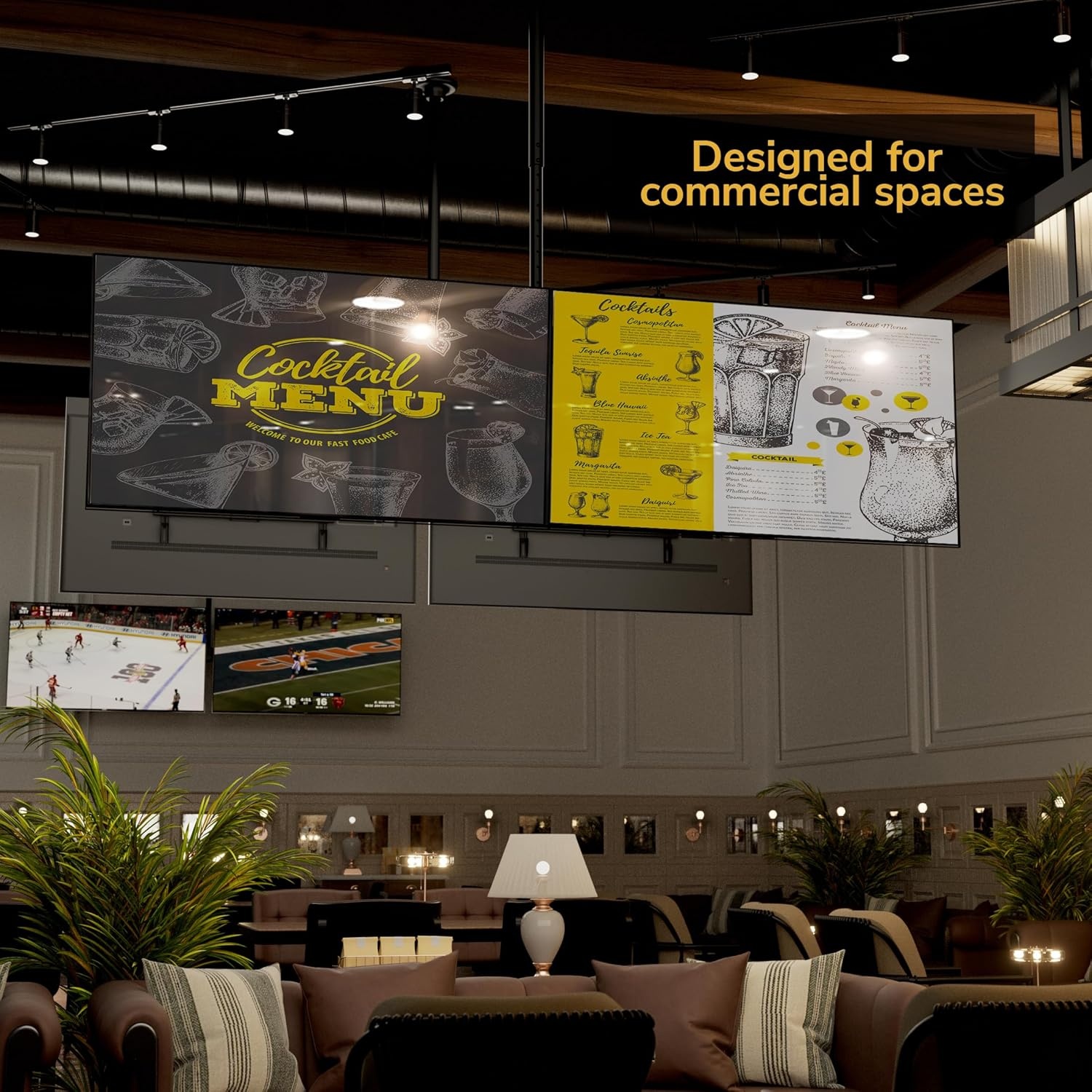 image:imageMountIt Dual TV Ceiling Mount SidebySide Menu Board Fits 3460 Screens up to 88 lbs Each VESA 600x400 Full Motion 360 Swivel Short Pole 1835 Drop SafetyTested Steel Black419656