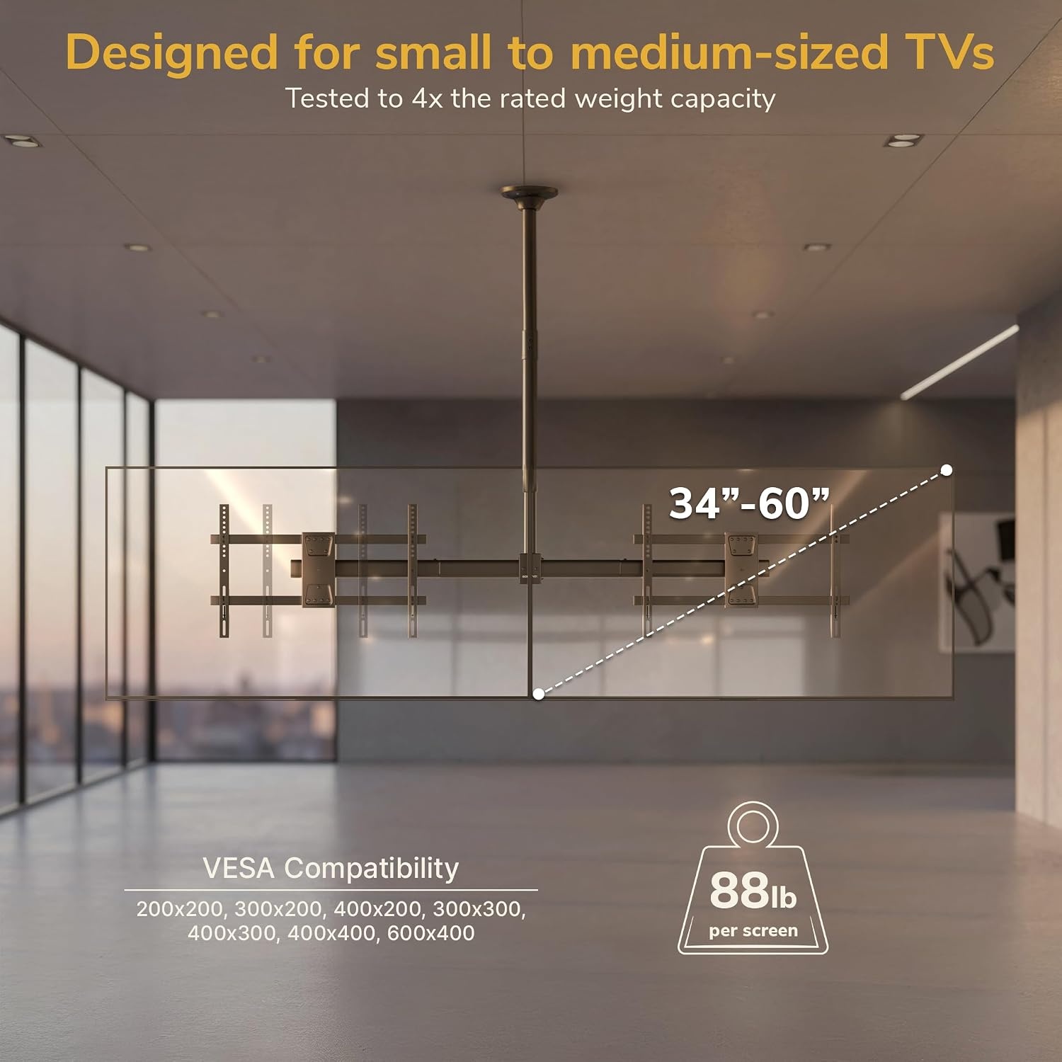 image:imageMountIt Dual TV Ceiling Mount SidebySide Menu Board Fits 3460 Screens up to 88 lbs Each VESA 600x400 Full Motion 360 Swivel Short Pole 1835 Drop SafetyTested Steel Black181354