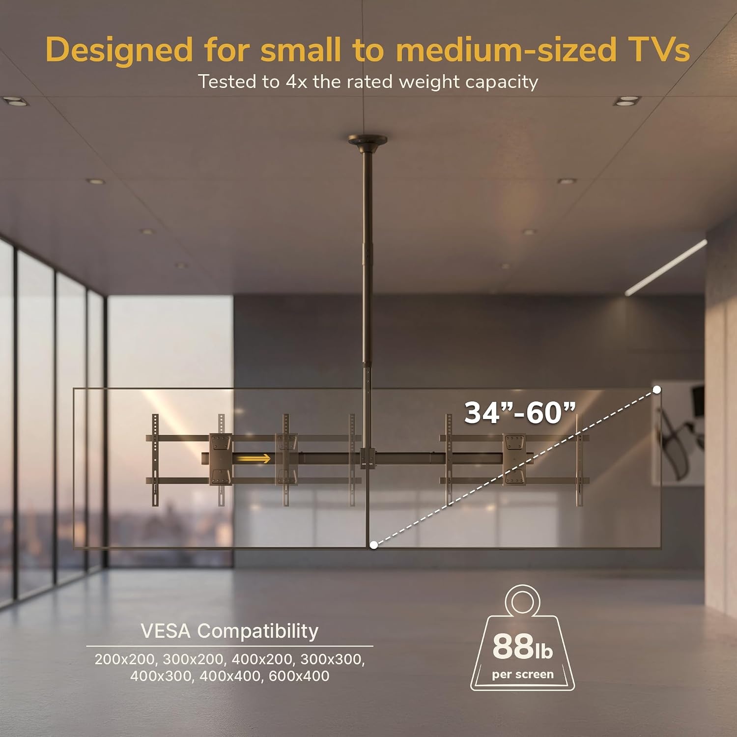 image:imageMountIt Dual TV Ceiling Mount SidebySide Menu Board Fits 3460 Screens up to 88 lbs Each VESA 600x400 Full Motion 360 Swivel Short Pole 1835 Drop SafetyTested Steel Black419656