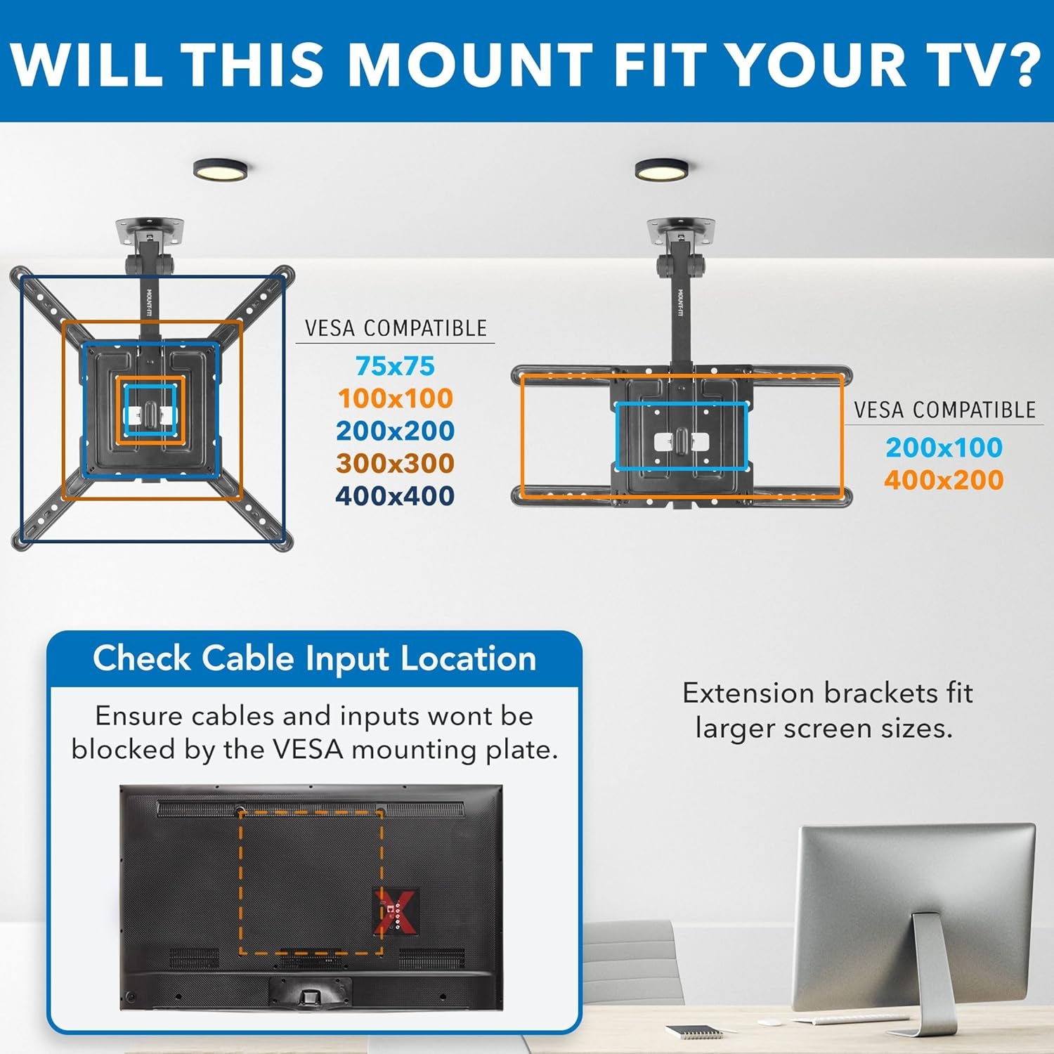 image:imageMountIt FoldUp Ceiling TV Mount for 2355 Inch TVs SpaceSaving Flip Down Bracket for Flat amp Slanted Ceilings Retractable Adjustable Tilt amp Swivel Mount VESA up to 400x400 44 lbs Capacity