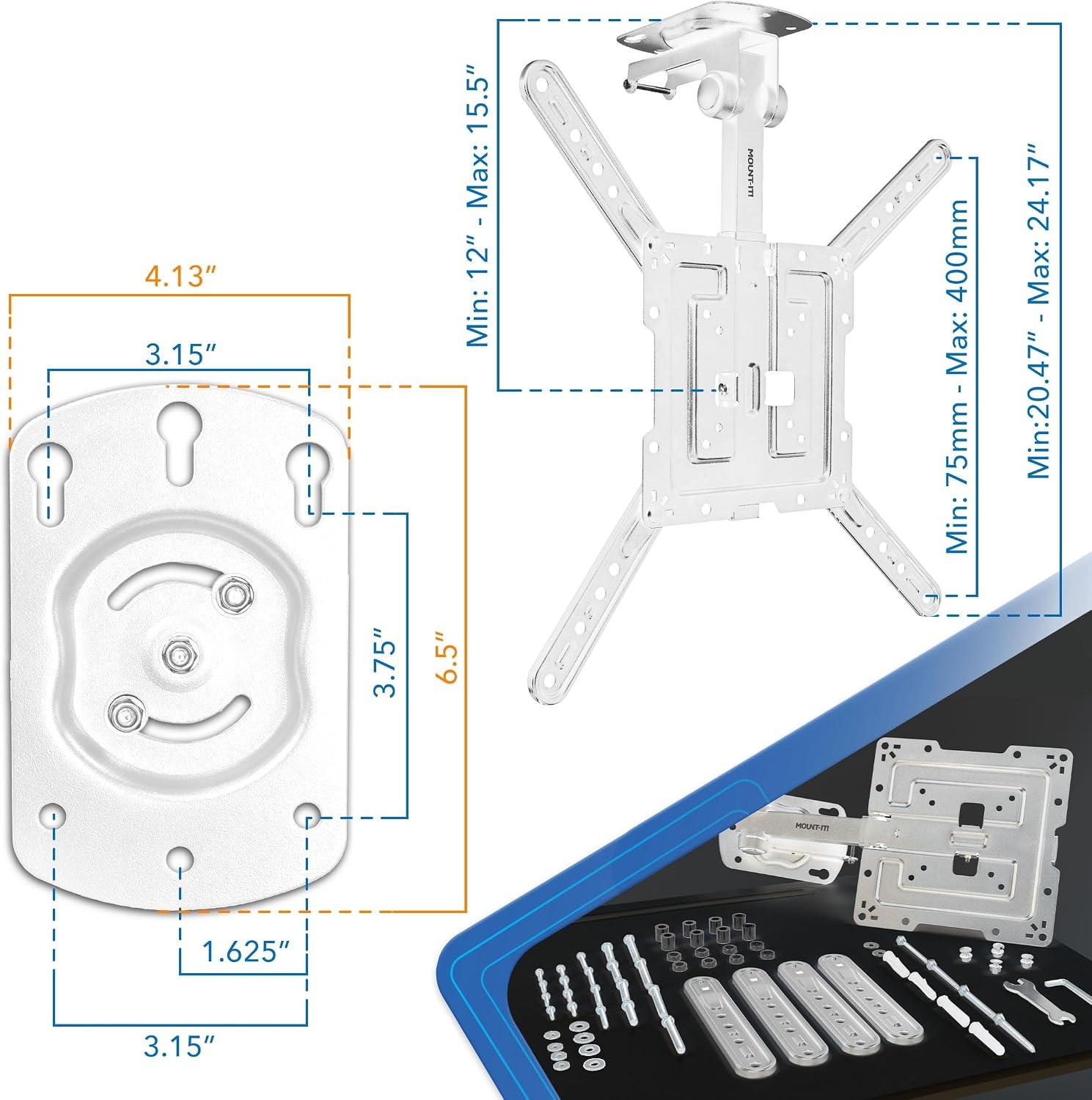 image:imageMountIt FoldUp Ceiling TV Mount for 2355 Inch TVs SpaceSaving Flip Down Bracket for Flat amp Slanted Ceilings Retractable Adjustable Tilt amp Swivel Mount VESA up to 400x400 44 lbs WhiteWhite