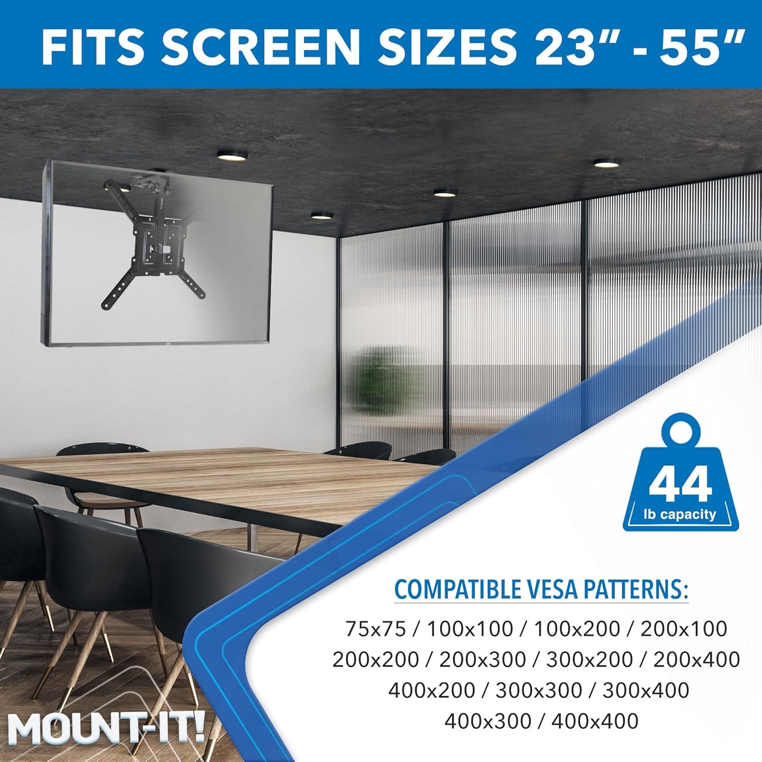 image:imageMountIt FoldUp Ceiling TV Mount for 2355 Inch TVs SpaceSaving Flip Down Bracket for Flat amp Slanted Ceilings Retractable Adjustable Tilt amp Swivel Mount VESA up to 400x400 44 lbs Capacity