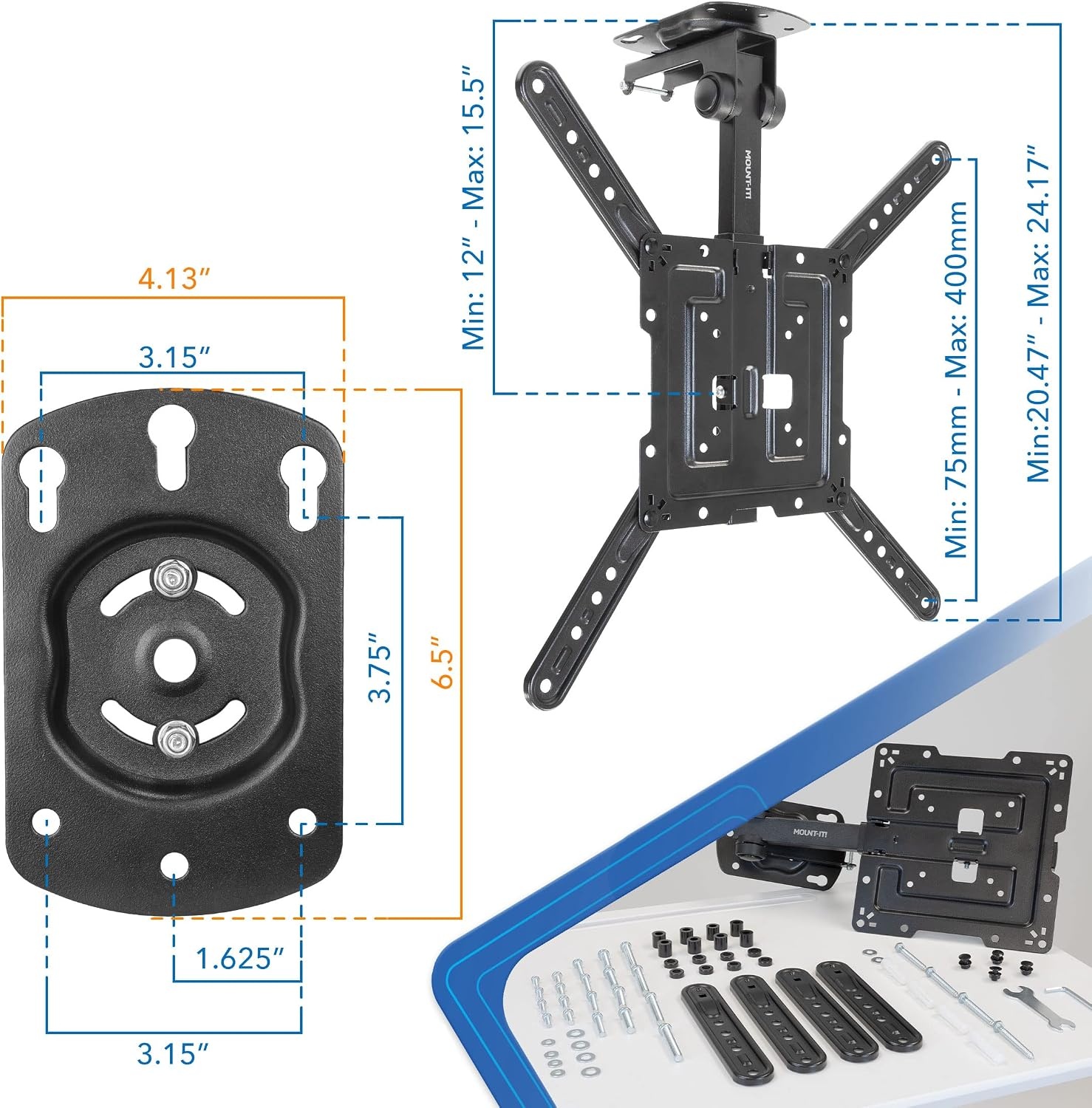 image:imageMountIt FoldUp Ceiling TV Mount for 2355 Inch TVs SpaceSaving Flip Down Bracket for Flat amp Slanted Ceilings Retractable Adjustable Tilt amp Swivel Mount VESA up to 400x400 44 lbs WhiteBlack