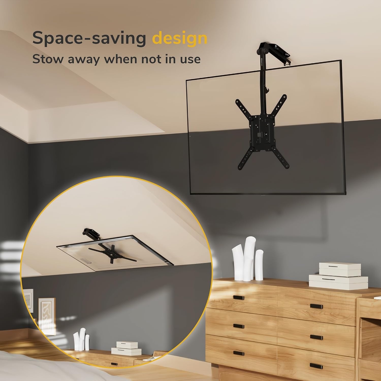 image:imageMountIt FoldUp Ceiling TV Mount for 2355 Inch TVs with Longer Arm SpaceSaving Flip Down Bracket for Flat amp Slanted Ceilings Retractable Tilt amp Swivel Mount VESA up to 400x400 44 lbs Capacity