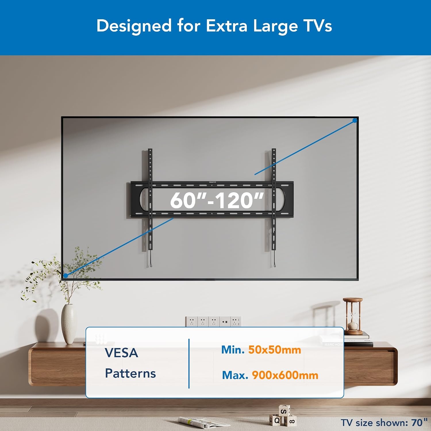 image:imageMountIt Heavy Duty XXL Fixed TV Mount for Extra Large TVs Ultra Low Profile Wall Mount max VESA 900x600 Holds 264lb Flush TV Mount for 60 65 70 75 80 85 90 100120