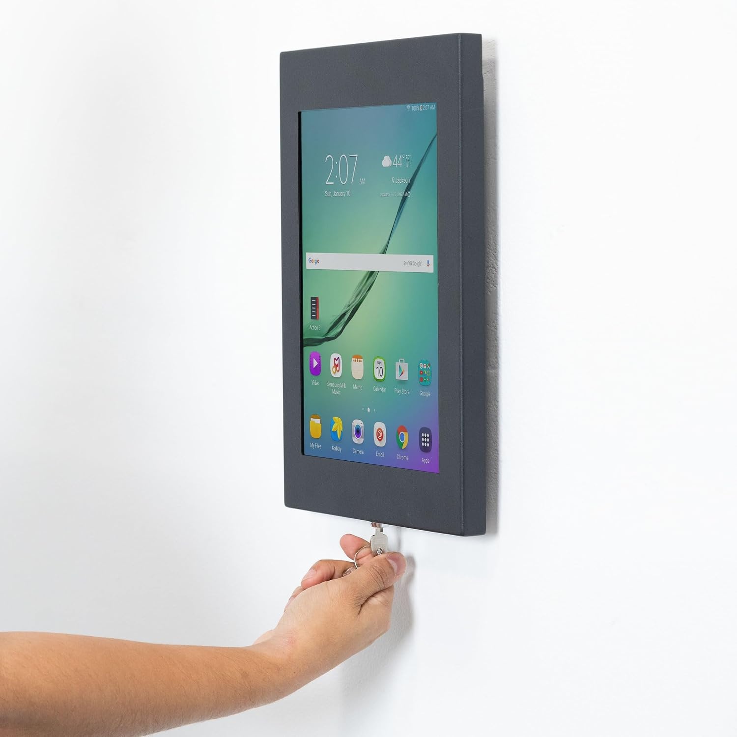 image:imageMountIt Lockable Tablet Wall Mount for Samsung Tab A9 S9 S9 FE S8 A8 Fully Enclosed Security Case AntiTheft Tablet Holder VESA Compatible Flush Wall Mount HeavyDuty Steel Black