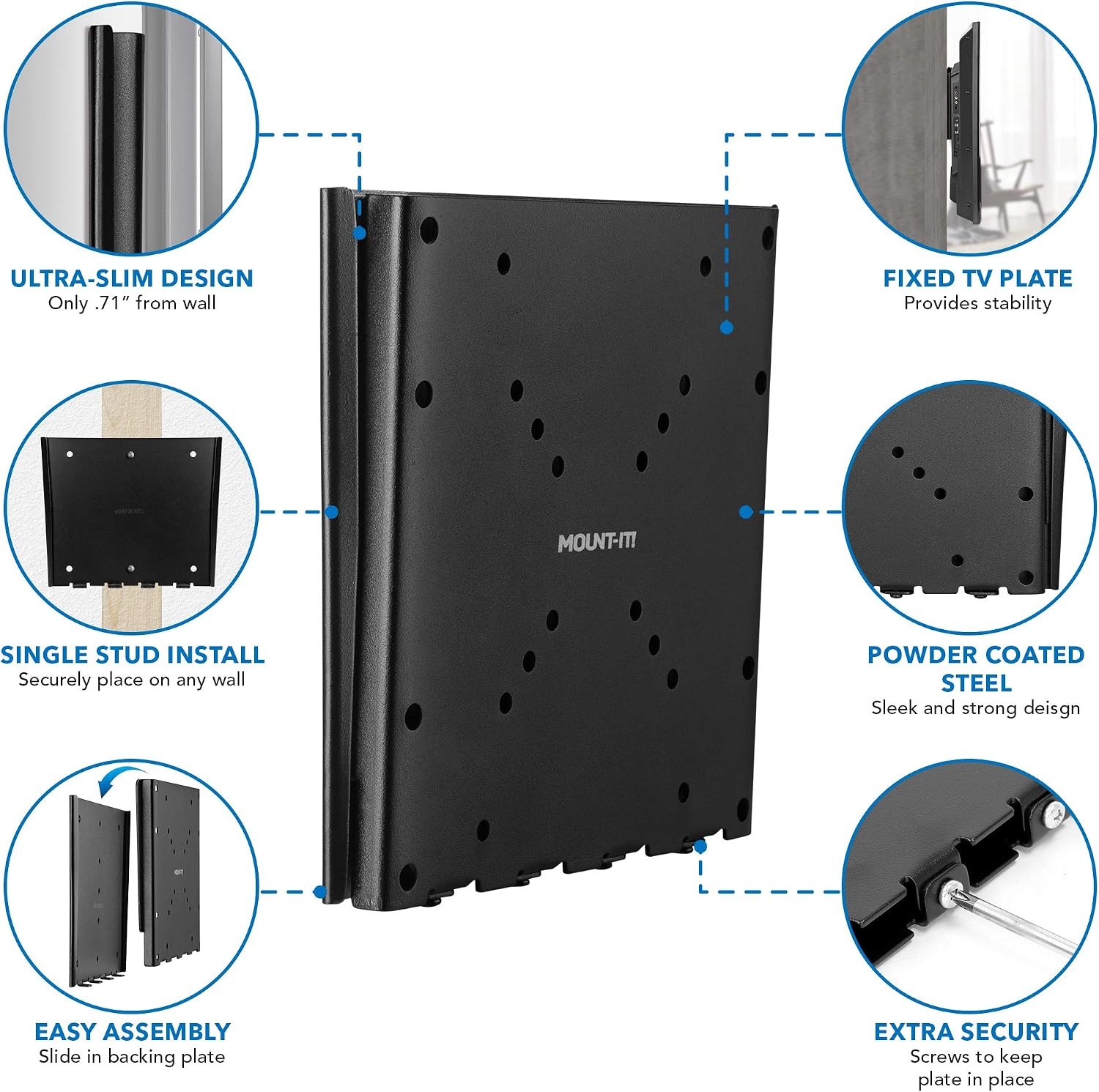 image:imageMountIt Low Profile Fixed TV Wall Mount Ultra Slim Flush Design for 2342 Inch Screens Fits VESA 200x200 HeavyDuty Steel 66 lb Capacity 07 Inch Wall Clearance Black