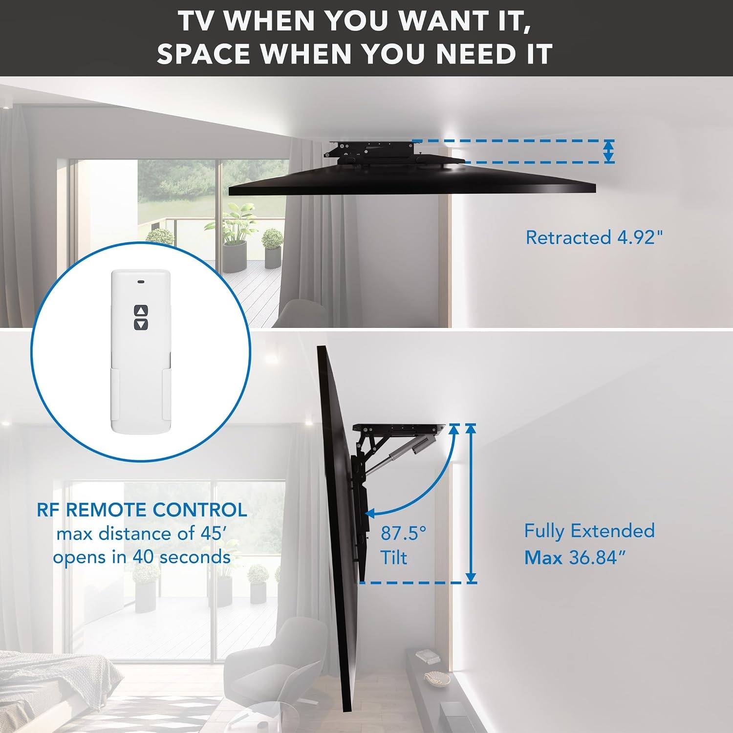 image:imageMountIt Motorized Ceiling TV Mount Silent Electric Flip Down TV Mount for 5090 Screens Retractable Drop Down Design RF Remote VESA Compatible 88 lbs Capacity BlackBlack