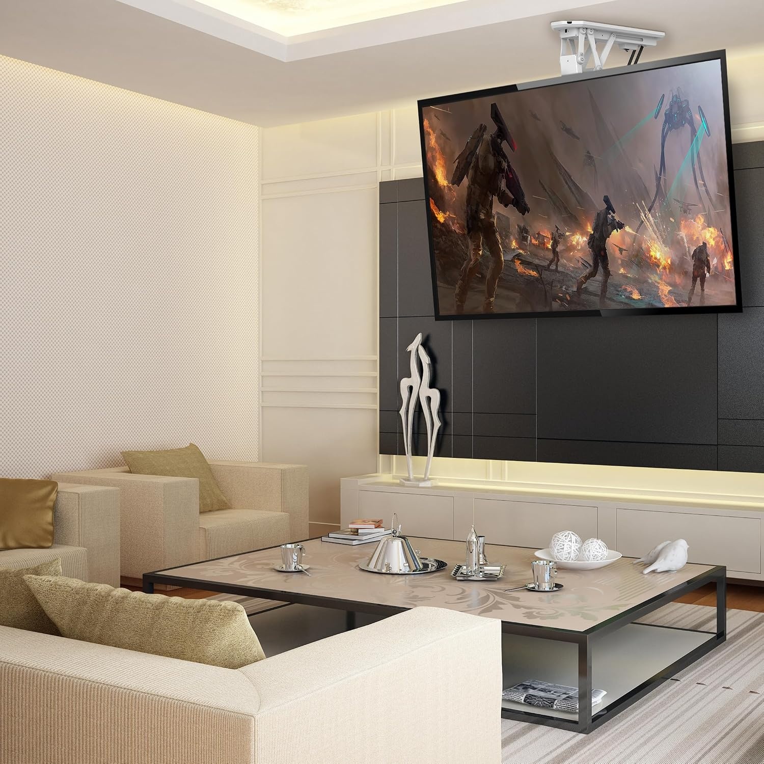 image:imageMountIt Motorized Ceiling TV Mount With Remote Electric Flip Down Pitched Roof Mount Fits 32 37 40 47 50 and 55 Inch Flat Screen TVs and Monitors blackWhite
