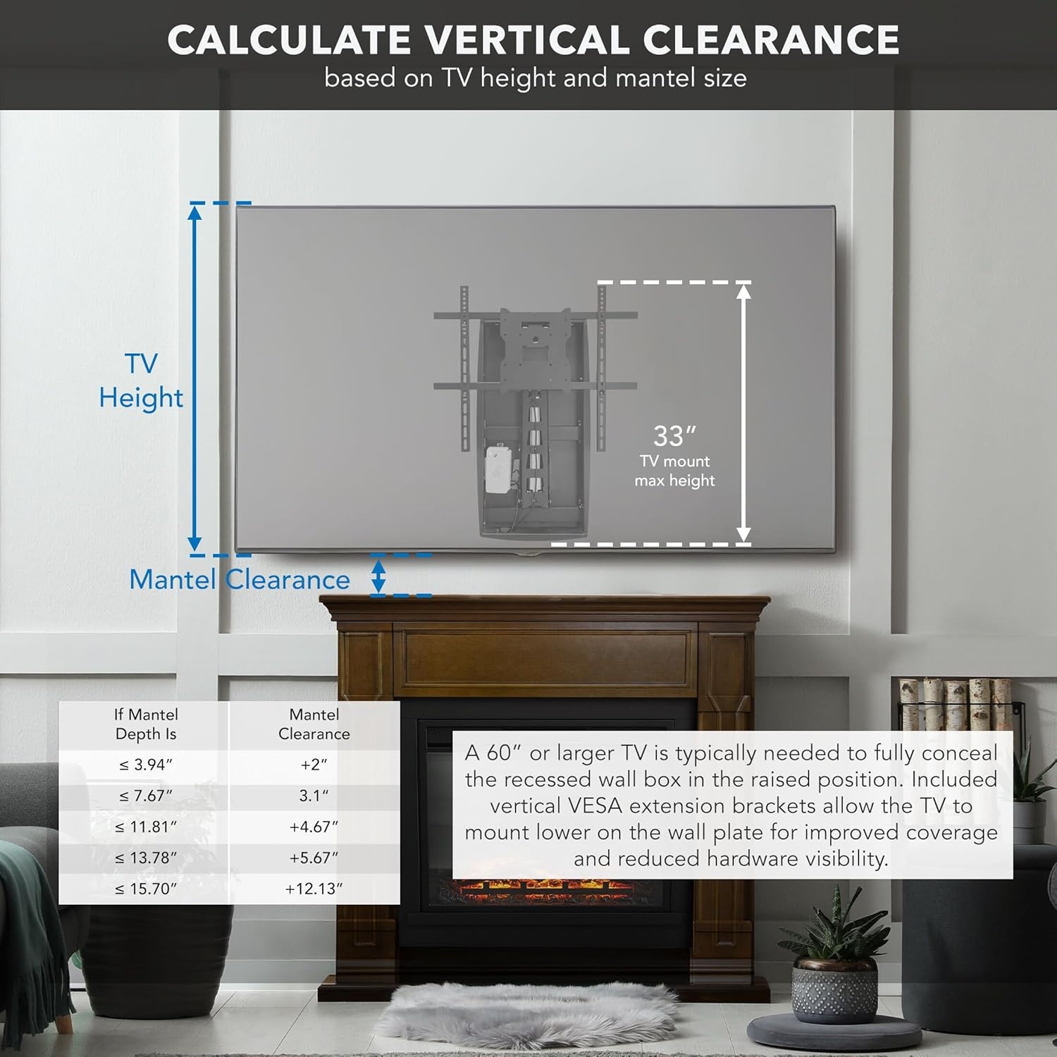 image:imageMountIt Motorized Fireplace TV Wall Mount Electric TV Mount with Height Adjustable Drop Down Arms for Mantel Installation Fits 65 70 75 80 Inch Screens
