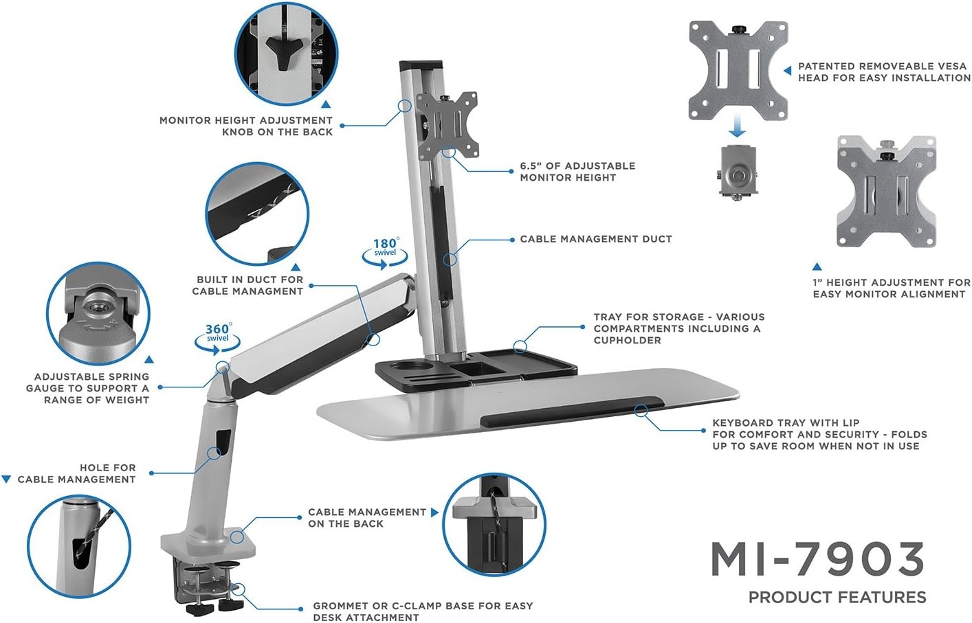 image:imageMountIt SitStand Monitor Arm Desk Mount Workstation with Keyboard Tray Single Monitor Mount Fits Up to 32 Gas Spring Height Adjustable VESA 75x75 100x100 Clamp or Grommet SilverSingle Monitor
