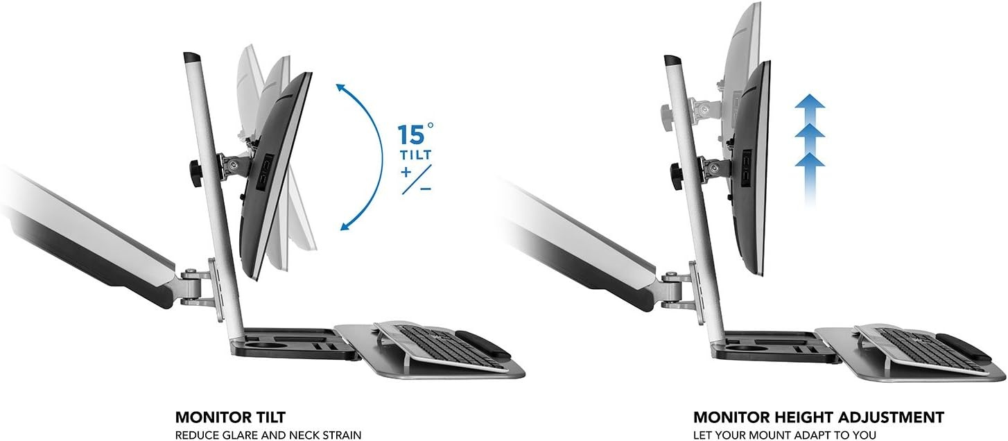 image:imageMountIt SitStand Monitor Arm Desk Mount Workstation with Keyboard Tray Single Monitor Mount Fits Up to 32 Gas Spring Height Adjustable VESA 75x75 100x100 Clamp or Grommet SilverSingle Monitor
