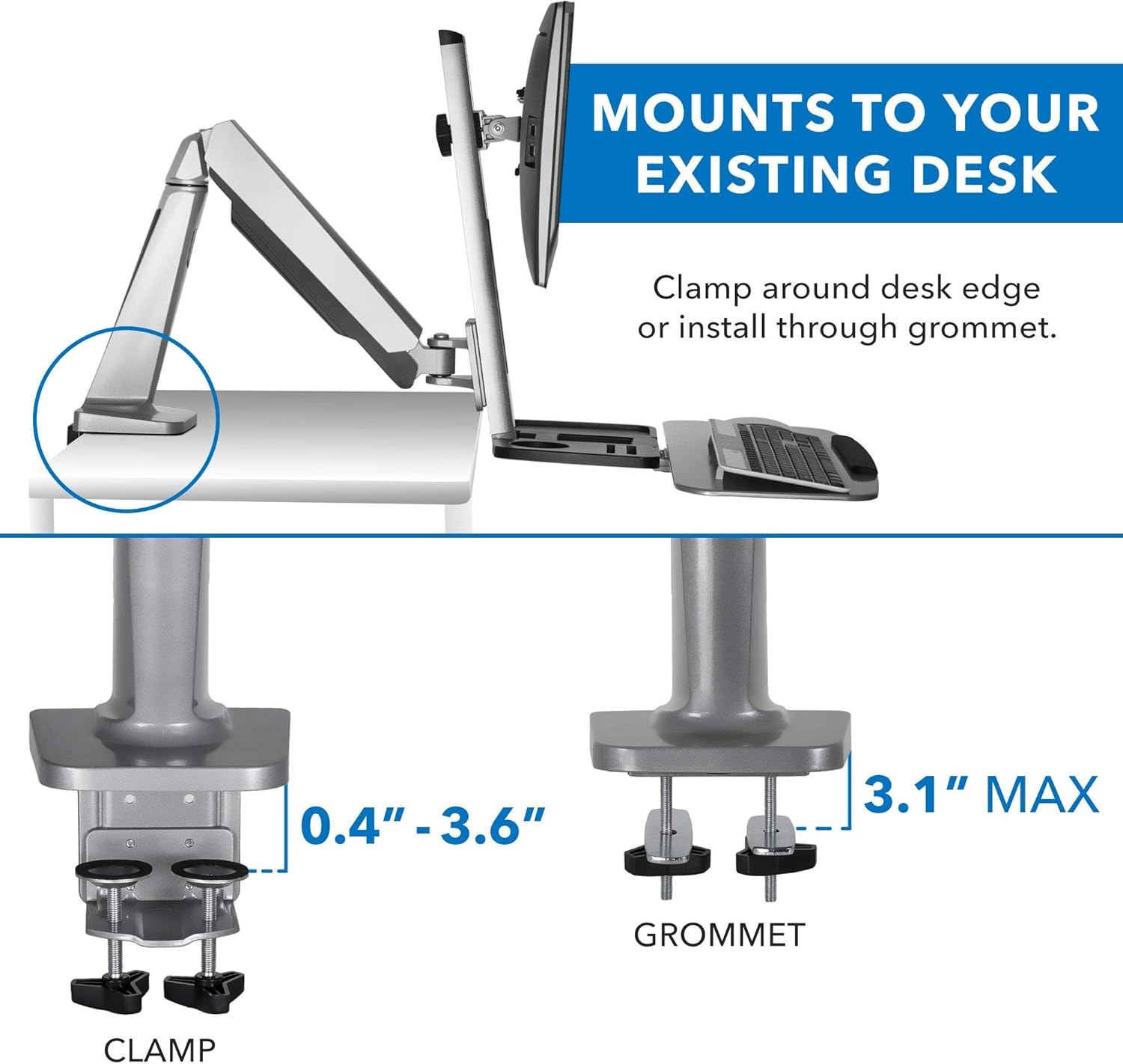 image:imageMountIt SitStand Monitor Arm Desk Mount Workstation with Keyboard Tray Single Monitor Mount Fits Up to 32 Gas Spring Height Adjustable VESA 75x75 100x100 Clamp or Grommet SilverSingle Monitor