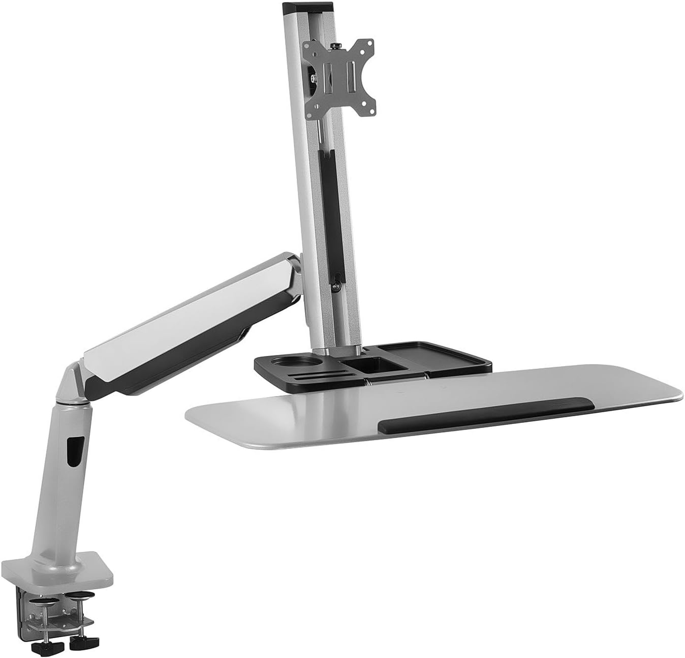 image:imageMountIt SitStand Monitor Arm Desk Mount Workstation with Keyboard Tray Single Monitor Mount Fits Up to 32 Gas Spring Height Adjustable VESA 75x75 100x100 Clamp or Grommet SilverSingle Monitor