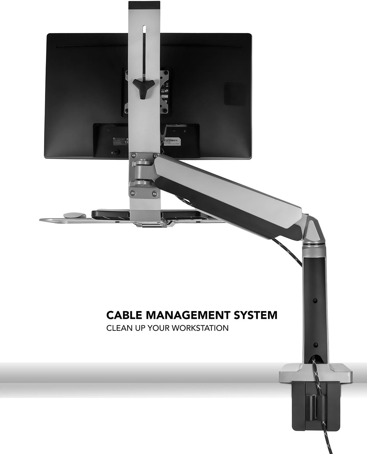 image:imageMountIt SitStand Monitor Arm Desk Mount Workstation with Keyboard Tray Single Monitor Mount Fits Up to 32 Gas Spring Height Adjustable VESA 75x75 100x100 Clamp or Grommet SilverSingle Monitor