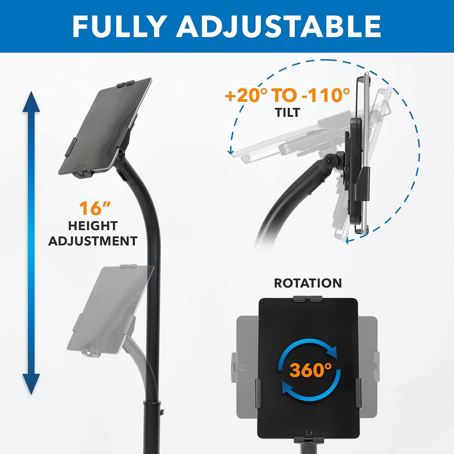 image:imageMountIt Universal Tablet Floor Stand with Locking Clamp AntiTheft Adjustable Kiosk for 7911 Tablets Height Adjustable 31468 BoltDown Base for Retail amp Business Black