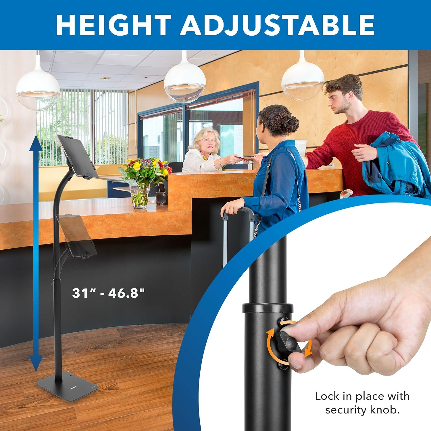 image:imageMountIt Universal Tablet Floor Stand with Locking Clamp AntiTheft Adjustable Kiosk for 7911 Tablets Height Adjustable 31468 BoltDown Base for Retail amp Business Black