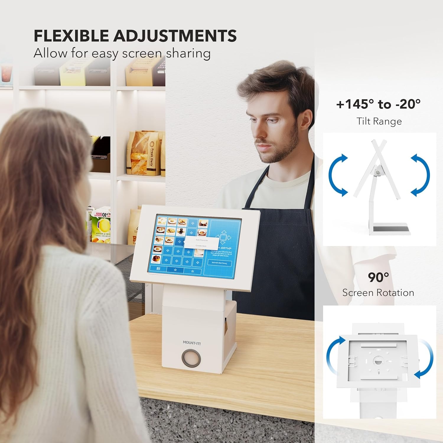 image:imageMountIt iPad Kiosk Stand with Printer Shelf Locking AntiTheft Tablet POS Stand for Countertop Checkout 90 Rotation amp 14520 Tilt Compatible with iPad 711 Air amp Pro BlackWhite