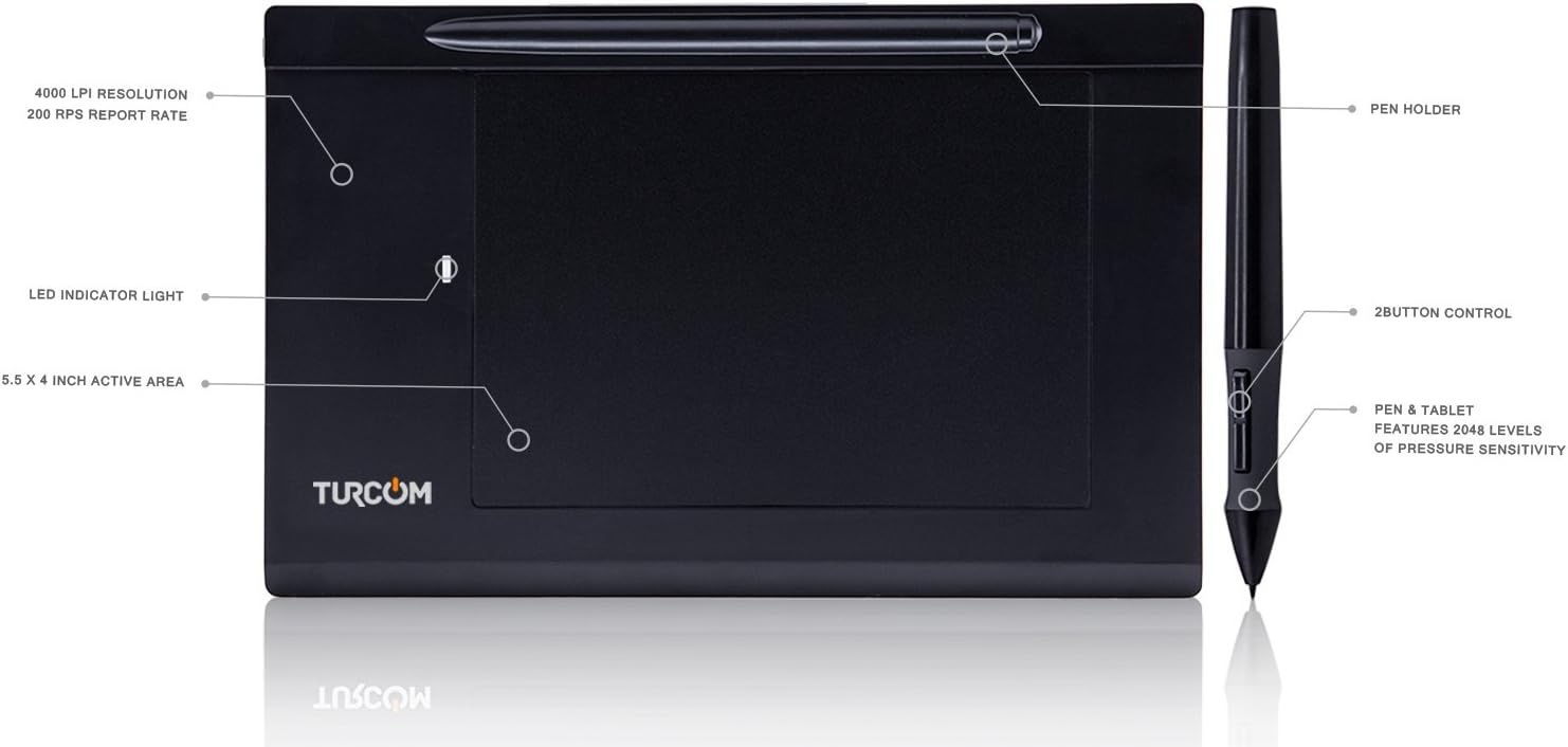 image:imageTurcom Graphics Tablet Drawing Touch Pen for Windows and Mac 55 x 4 Black Surface Area Ideal for Kids and Artists TS6540